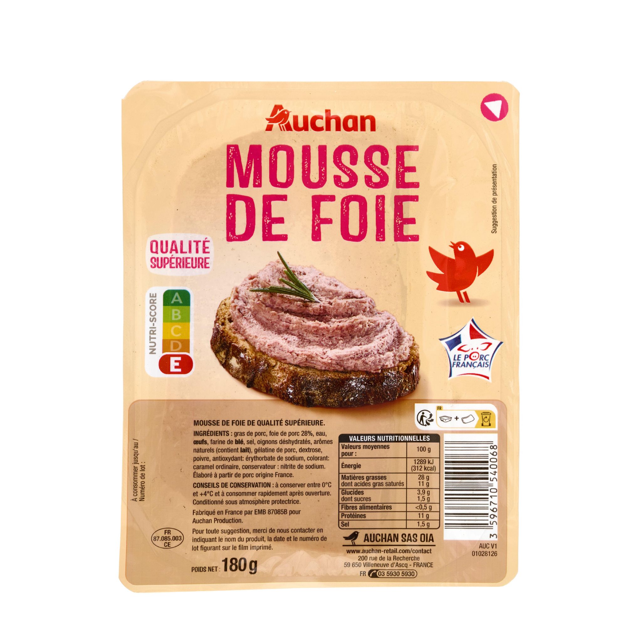Voir la diapositive 2 : AUCHAN Mousse de foie 180g