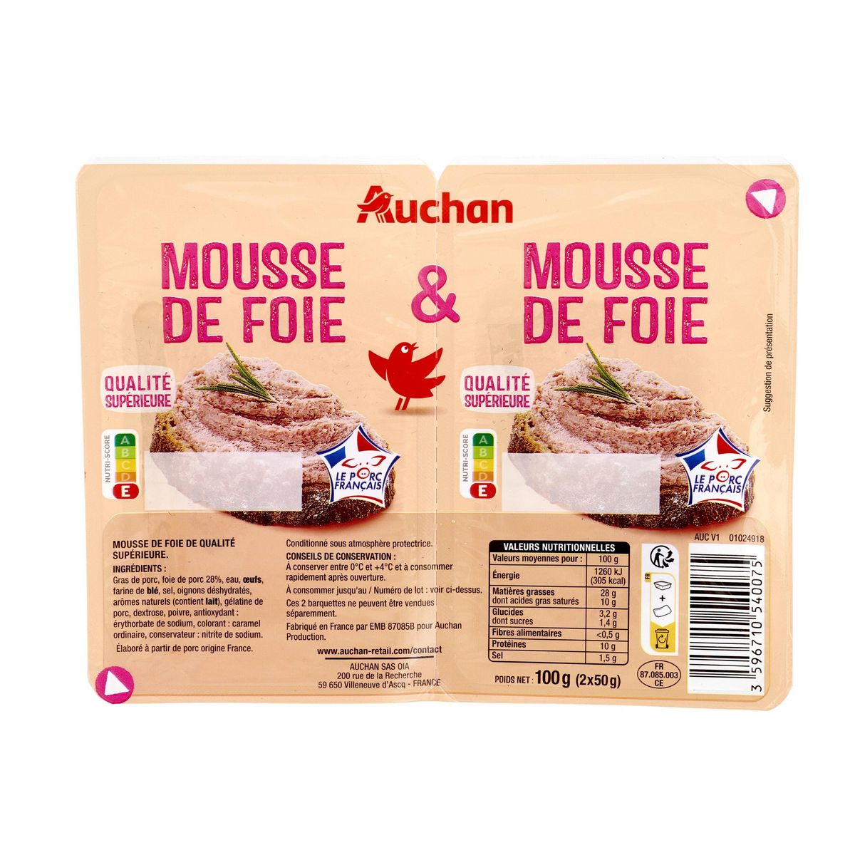 AUCHAN Mousse de foie 2x50g