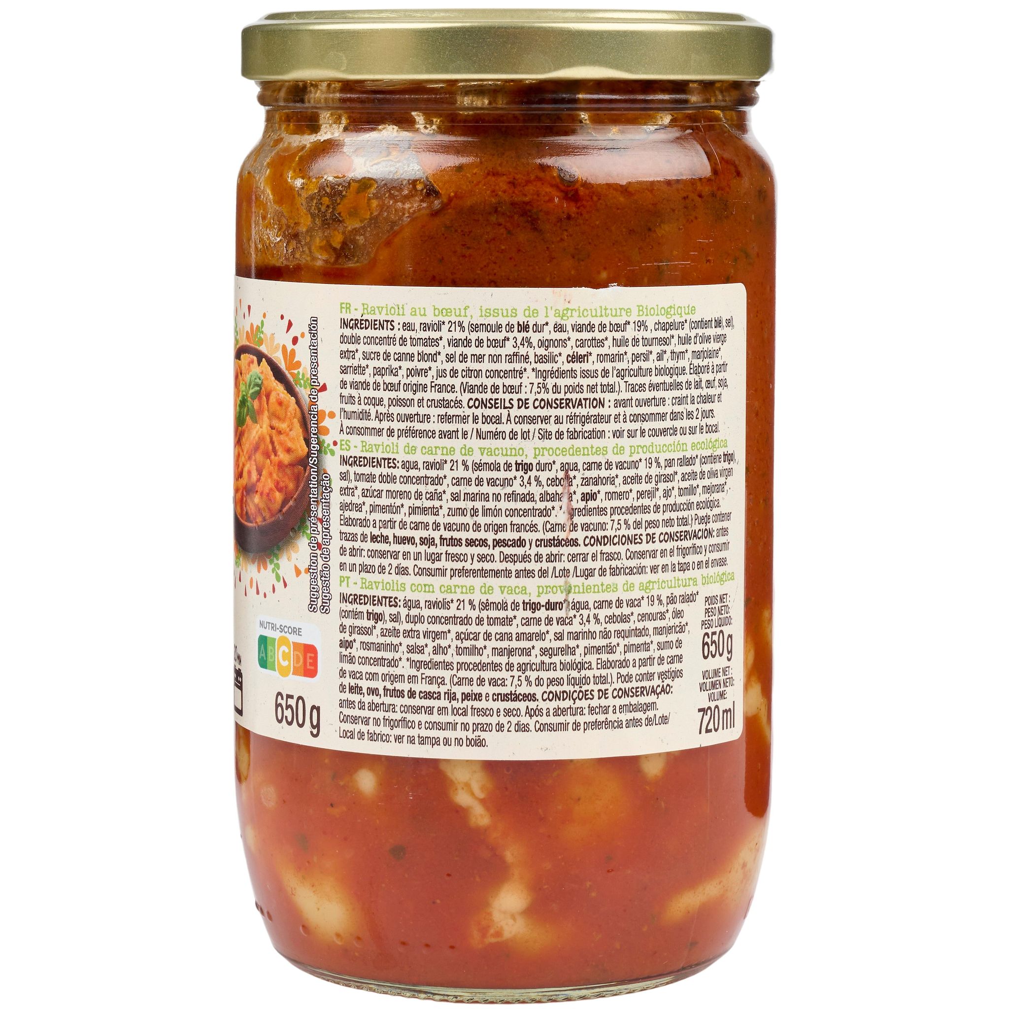 Voir la diapositive 2 : AUCHAN BIO Ravioli au boeuf 650g