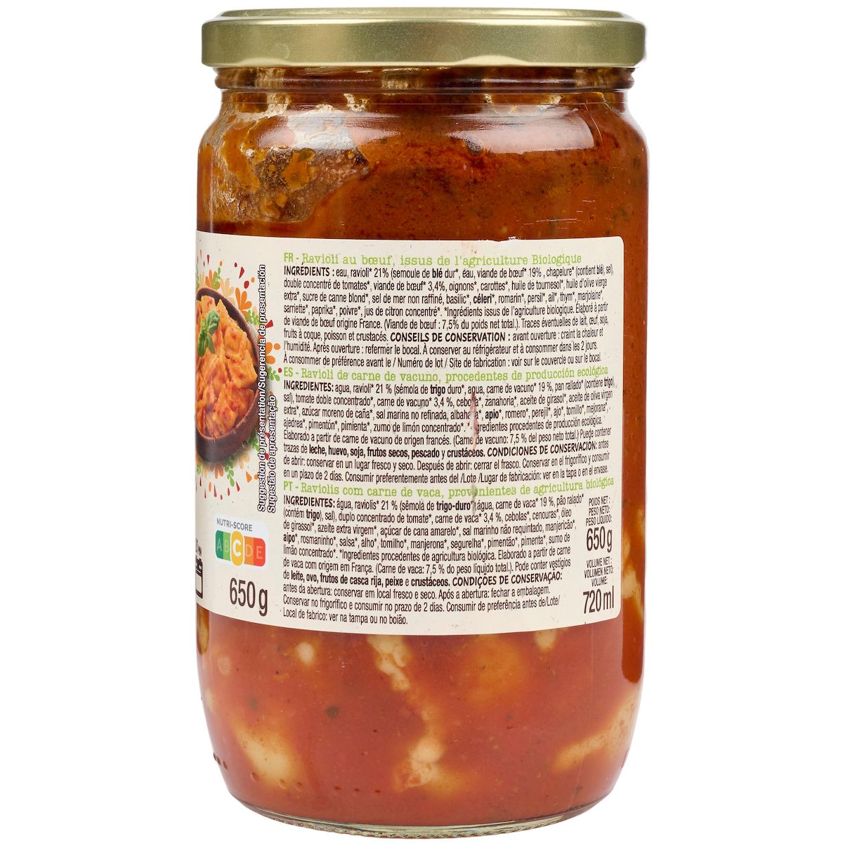 AUCHAN BIO Ravioli au boeuf 650g