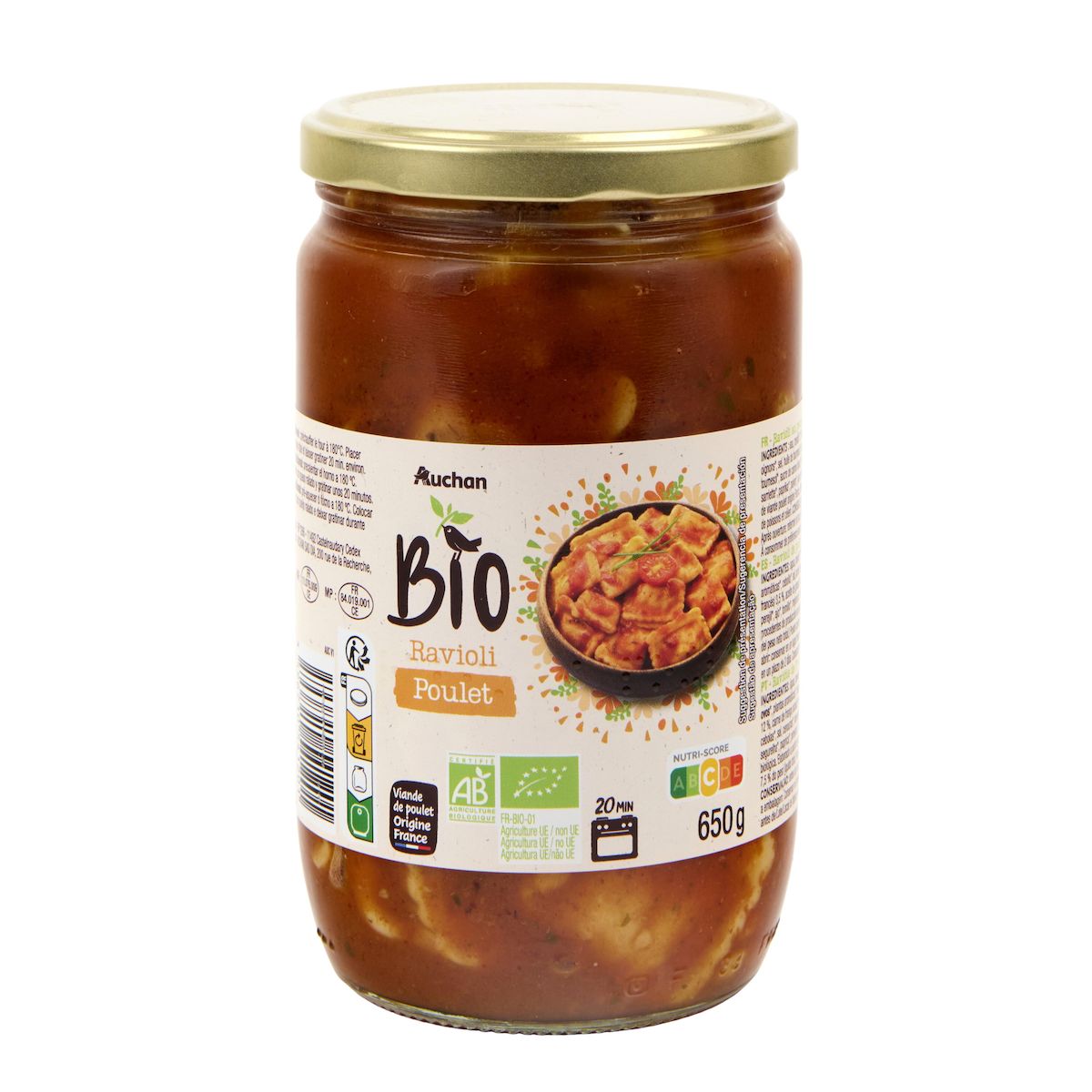 AUCHAN BIO Ravioli au poulet bio 650g