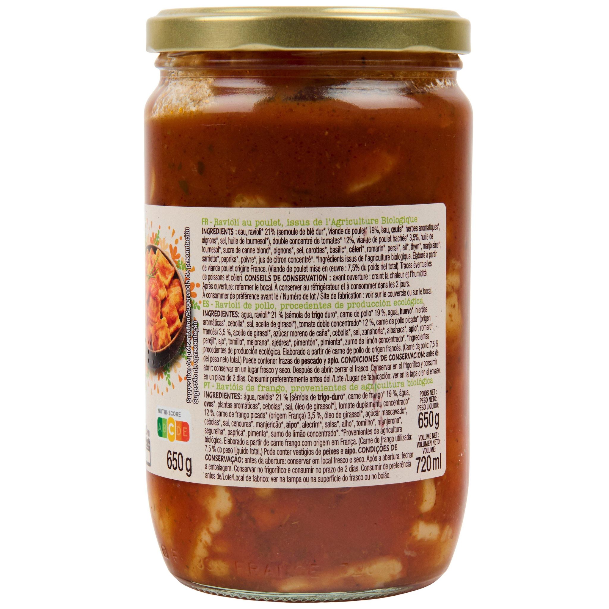 Voir la diapositive 2 : AUCHAN BIO Ravioli au poulet bio 650g