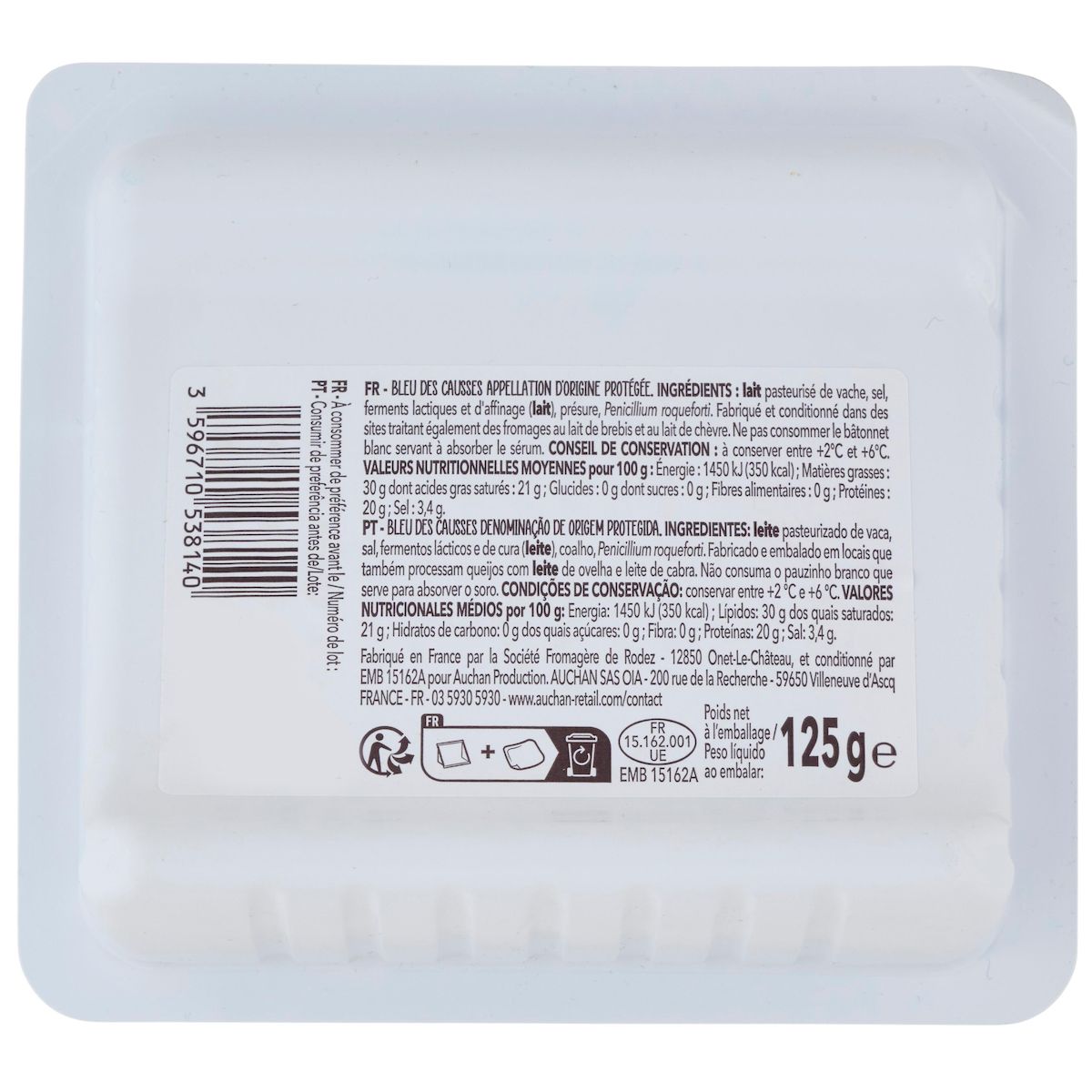 AUCHAN TERROIR Bleu des Causses affiné en caves naturelles AOP 125g