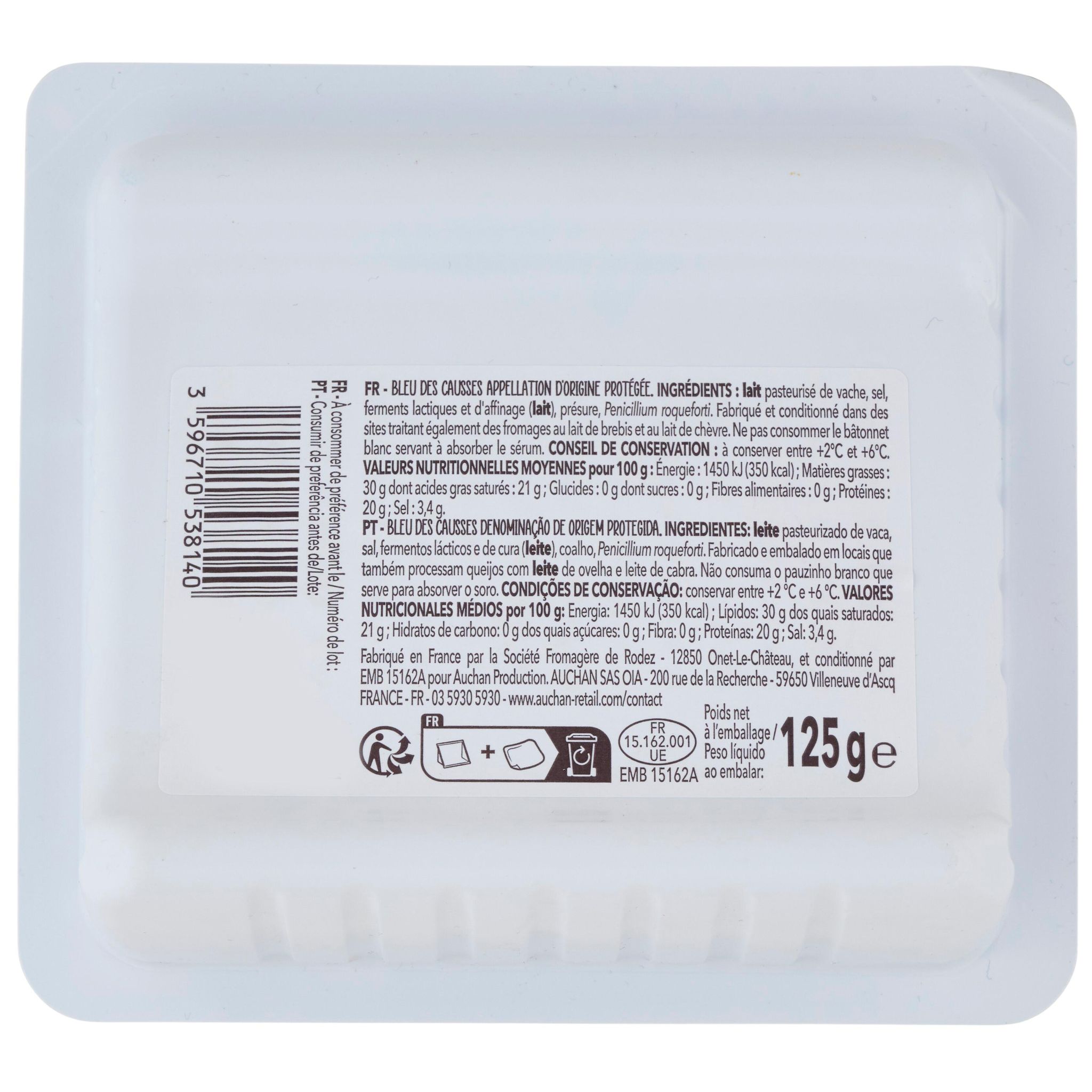 Voir la diapositive 2 : AUCHAN TERROIR Bleu des Causses affiné en caves naturelles AOP 125g