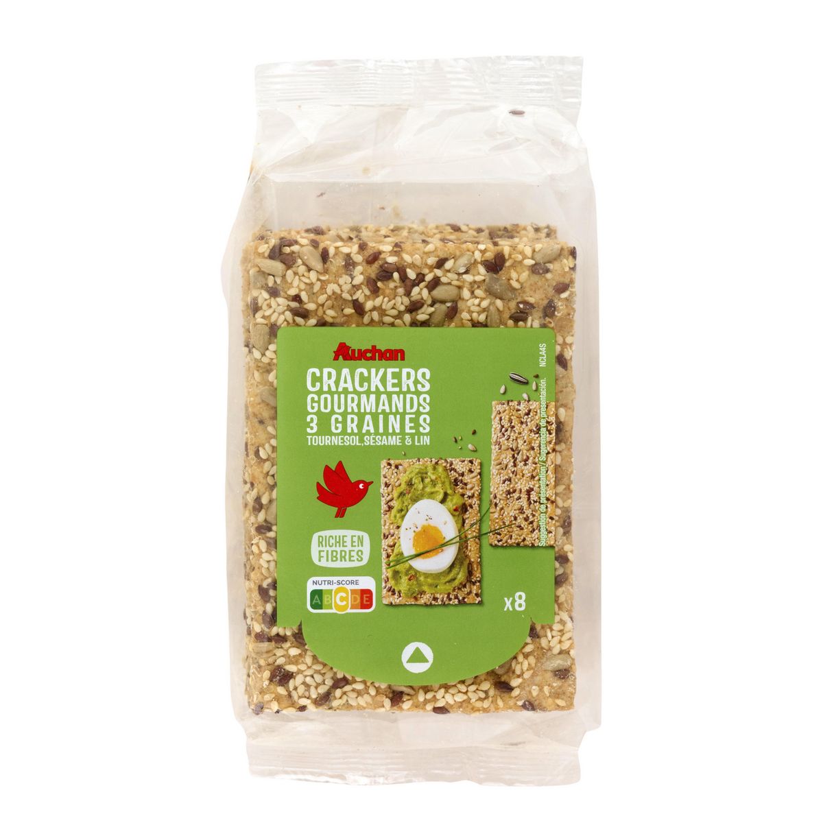 AUCHAN Crackers gourmands 3 graines tournesol sésame et lin 8 crackers 200g