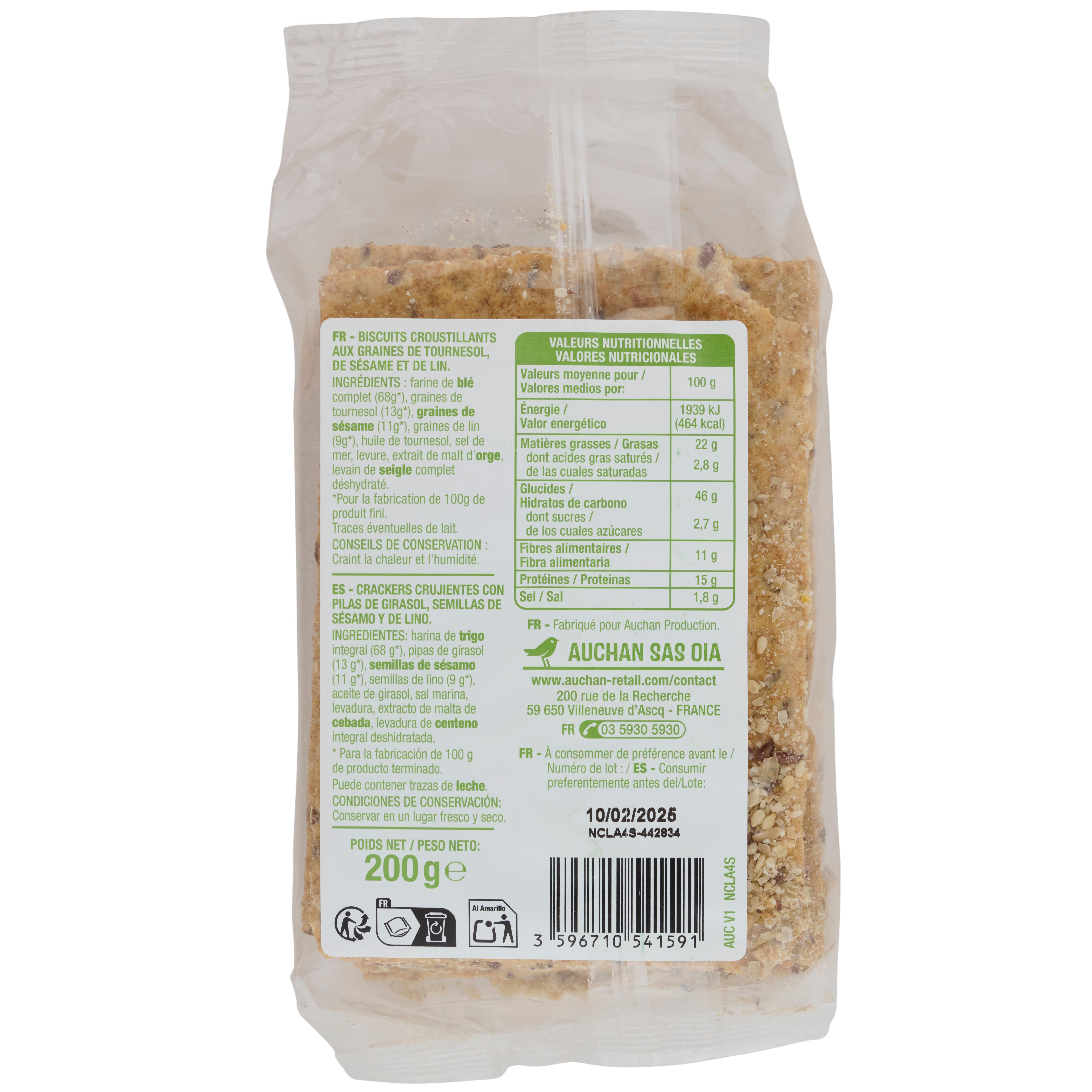 Voir la diapositive 3 : AUCHAN Crackers gourmands 3 graines tournesol sésame et lin 8 crackers 200g