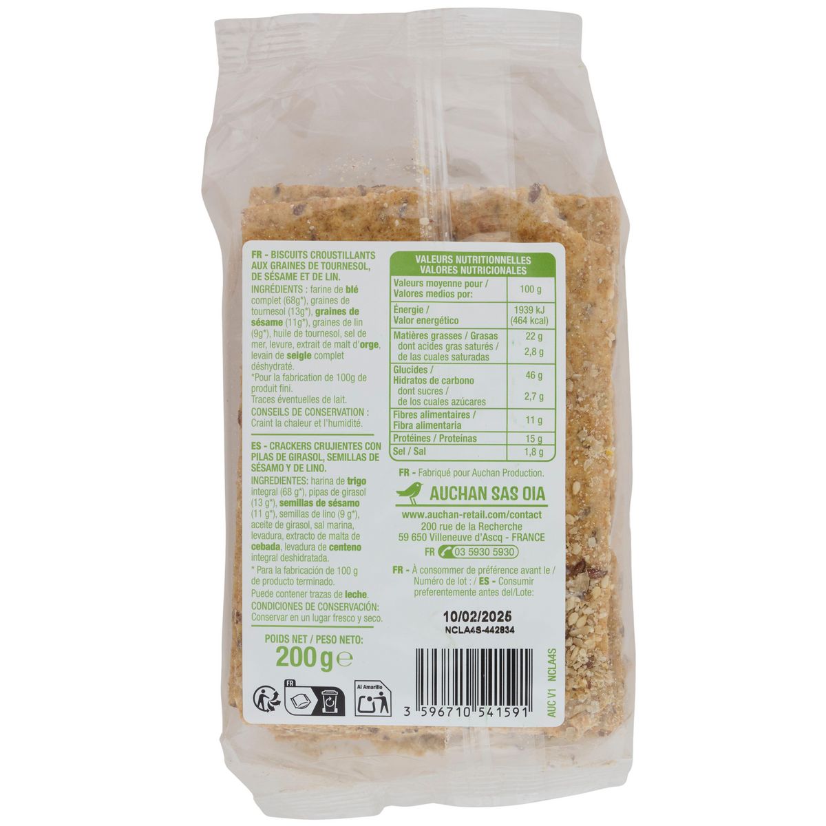 AUCHAN Crackers gourmands 3 graines tournesol sésame et lin 8 crackers 200g