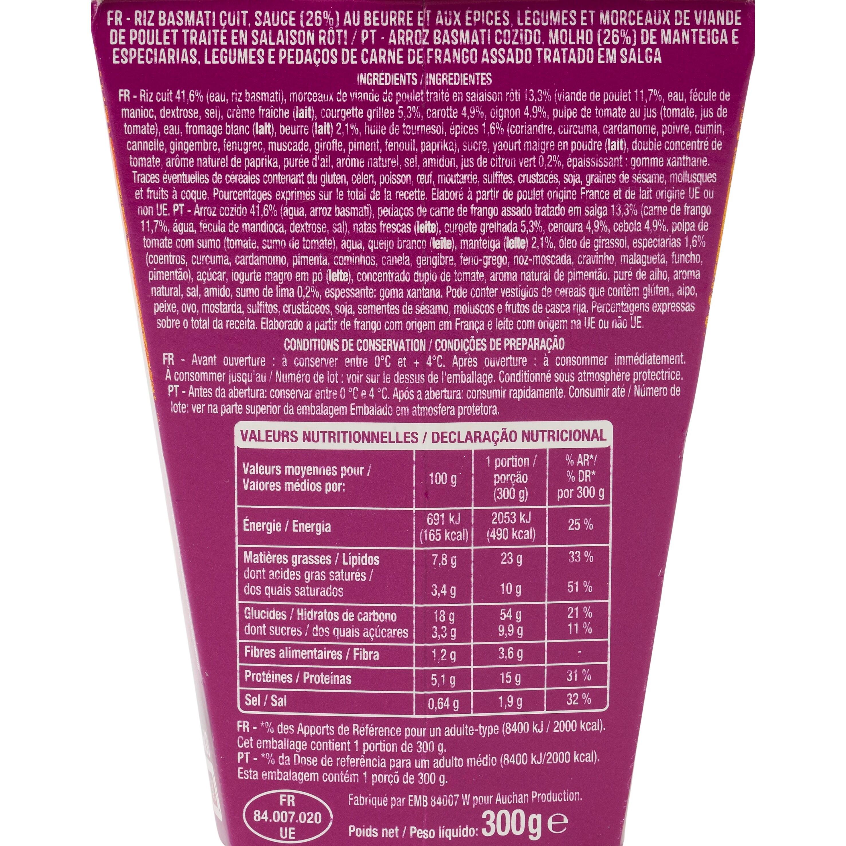 Voir la diapositive 2 : AUCHAN Box butter chicken et riz 1 part 300g