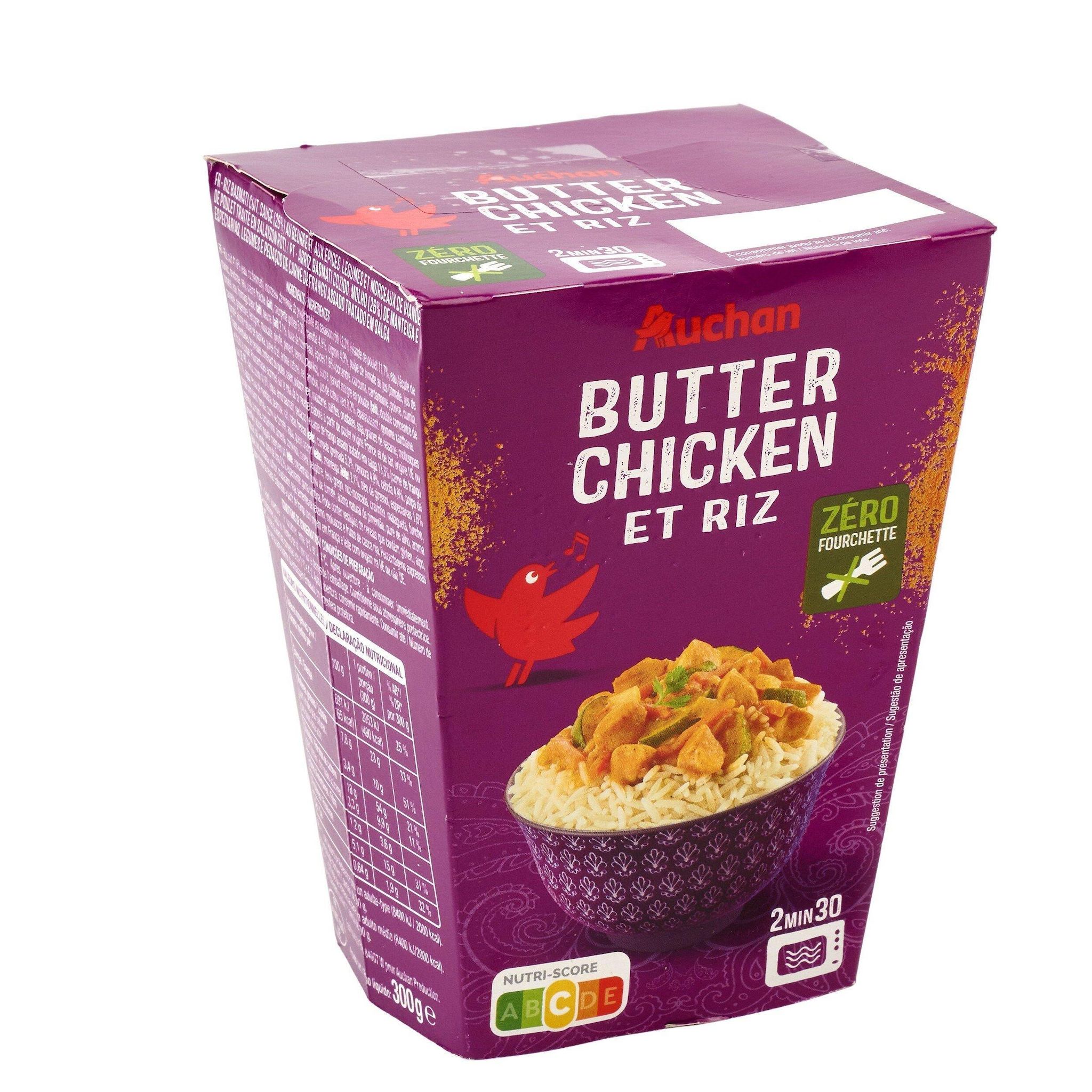 Voir la diapositive 2 : AUCHAN Box butter chicken et riz 1 part 300g