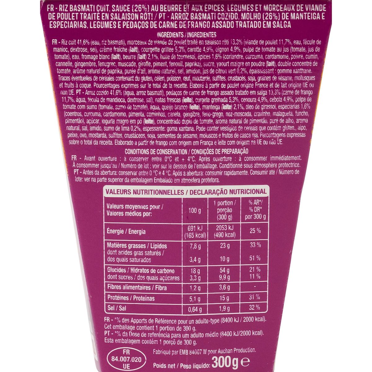 AUCHAN Box butter chicken et riz 1 part 300g