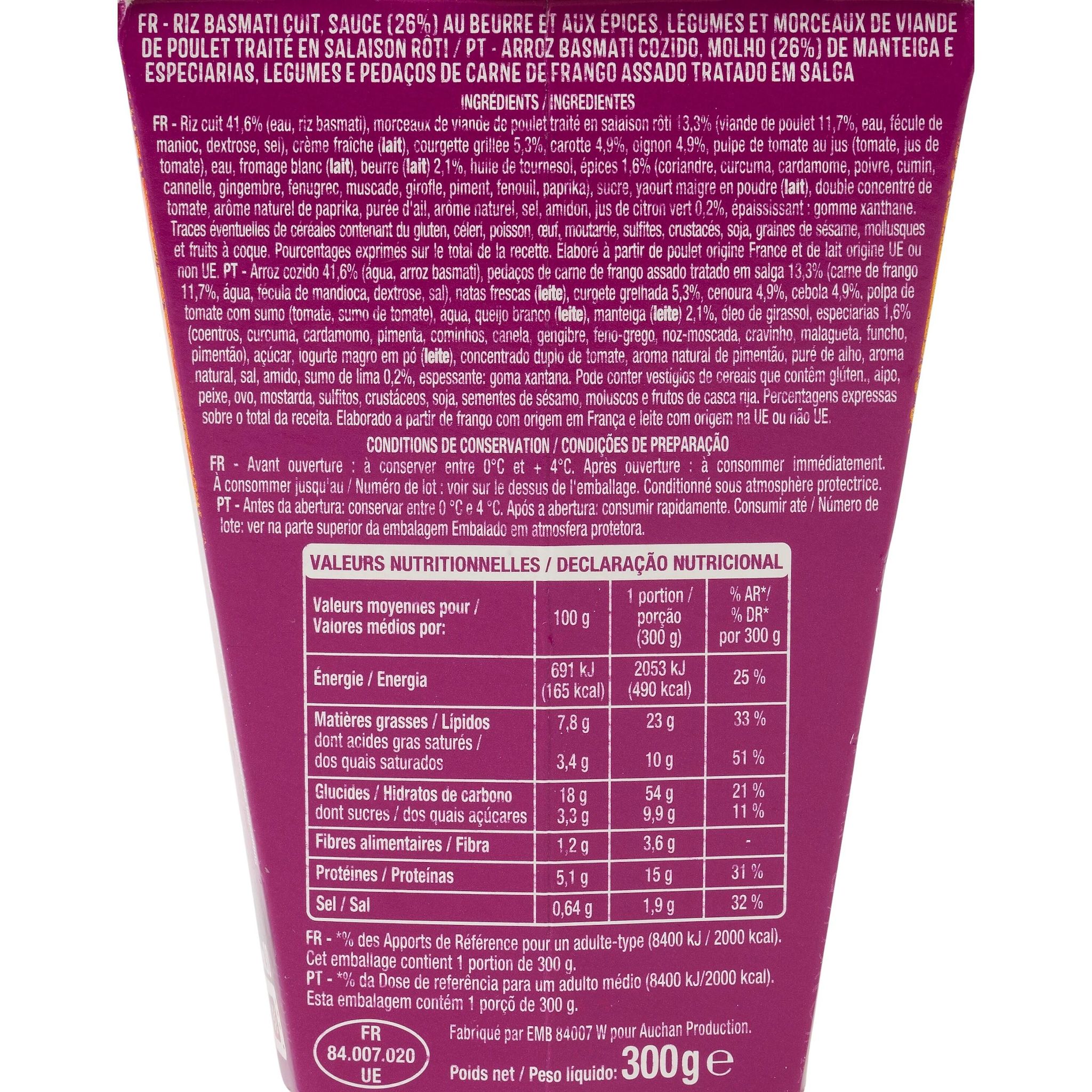 Voir la diapositive 3 : AUCHAN Box butter chicken et riz 1 part 300g