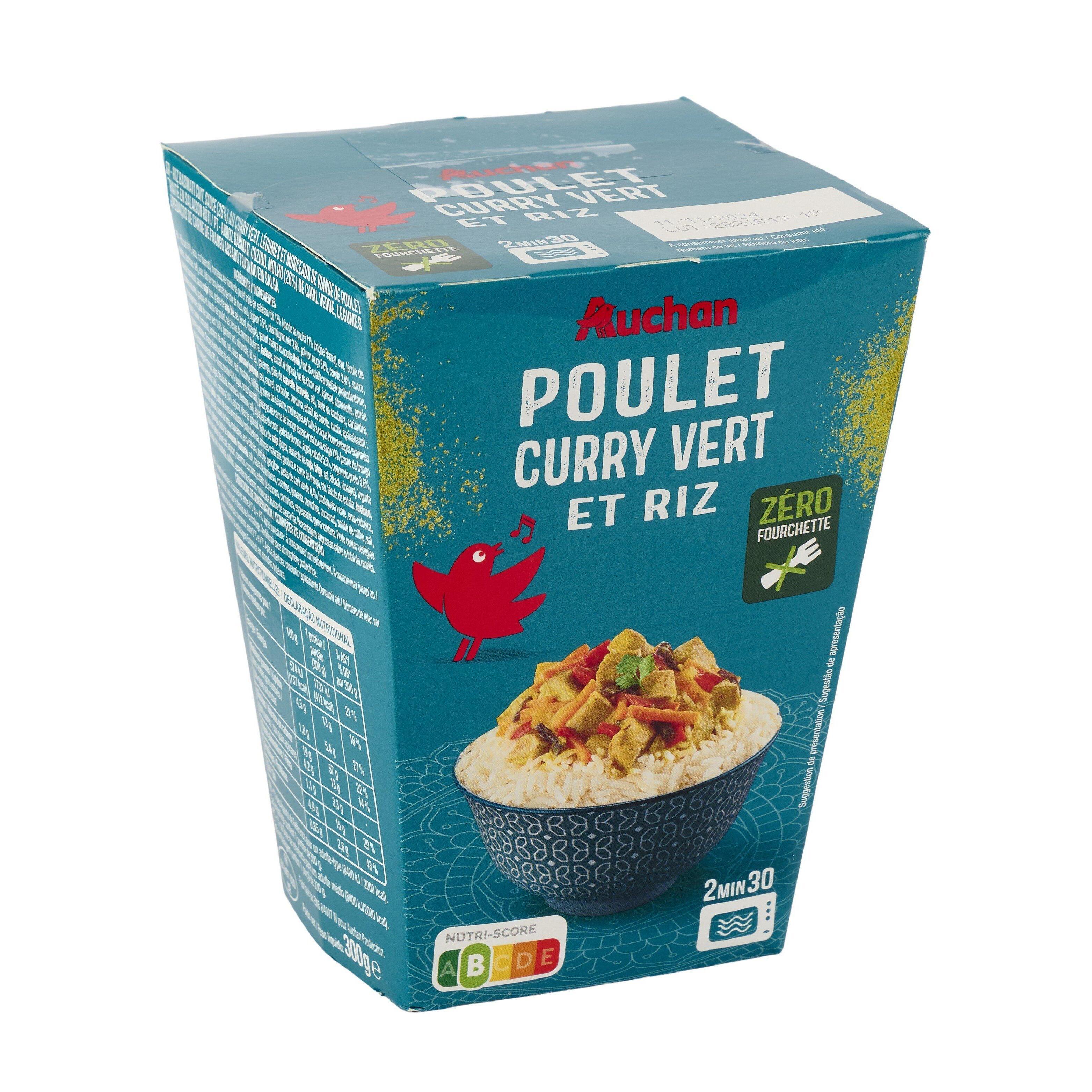 Voir la diapositive 2 : AUCHAN Box poulet curry vert et riz 1 part 300g