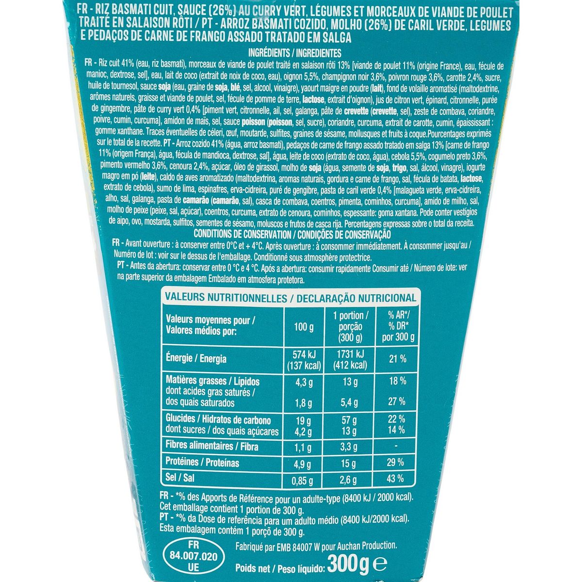 AUCHAN Box poulet curry vert et riz 1 part 300g