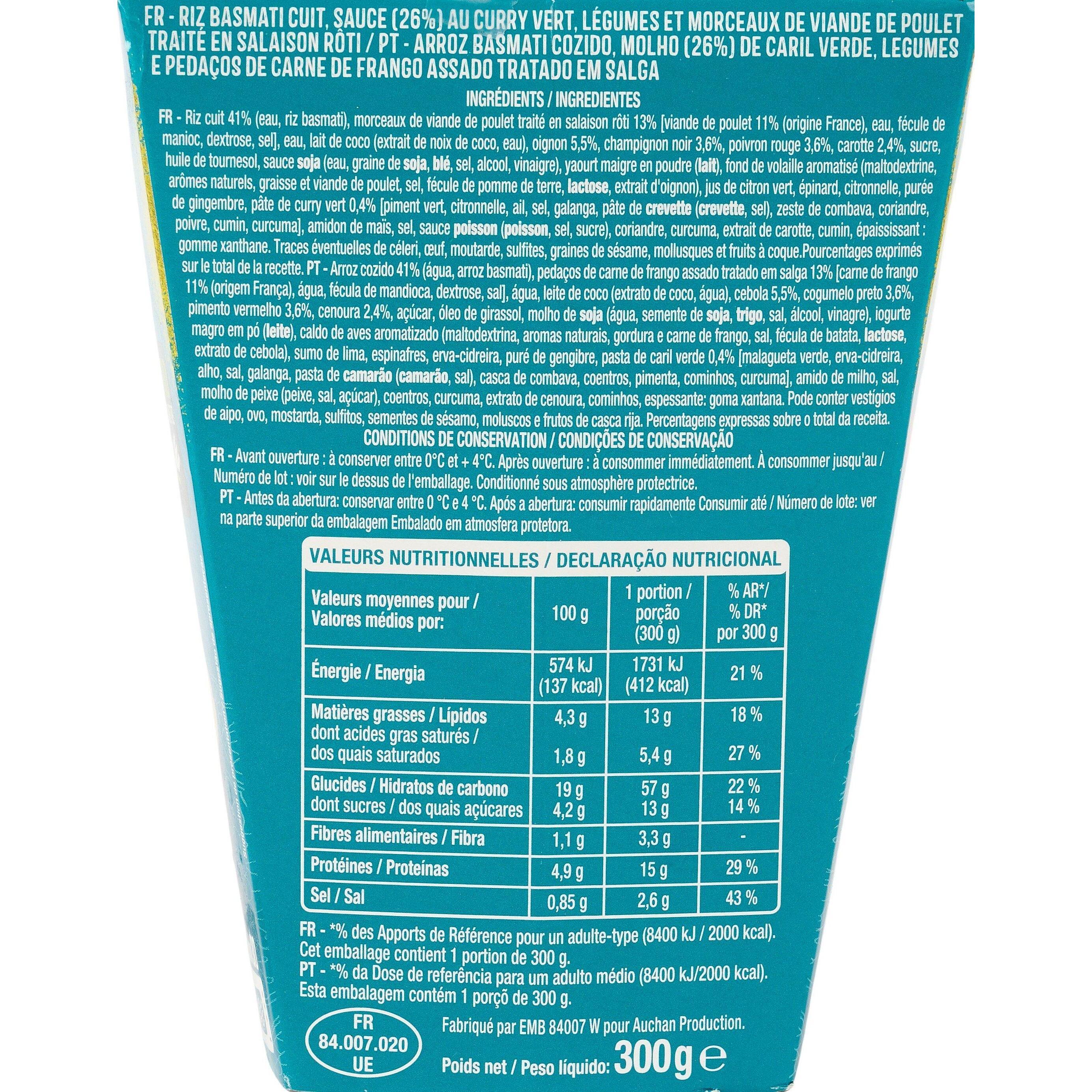 Voir la diapositive 3 : AUCHAN Box poulet curry vert et riz 1 part 300g