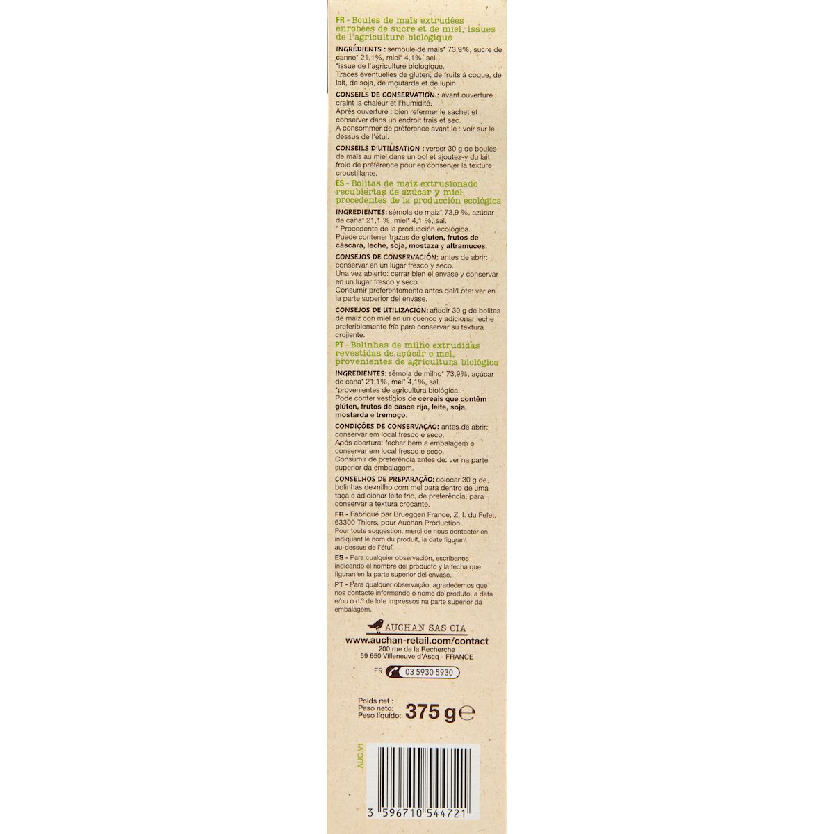 AUCHAN BIO Céréales boules au miel 375g