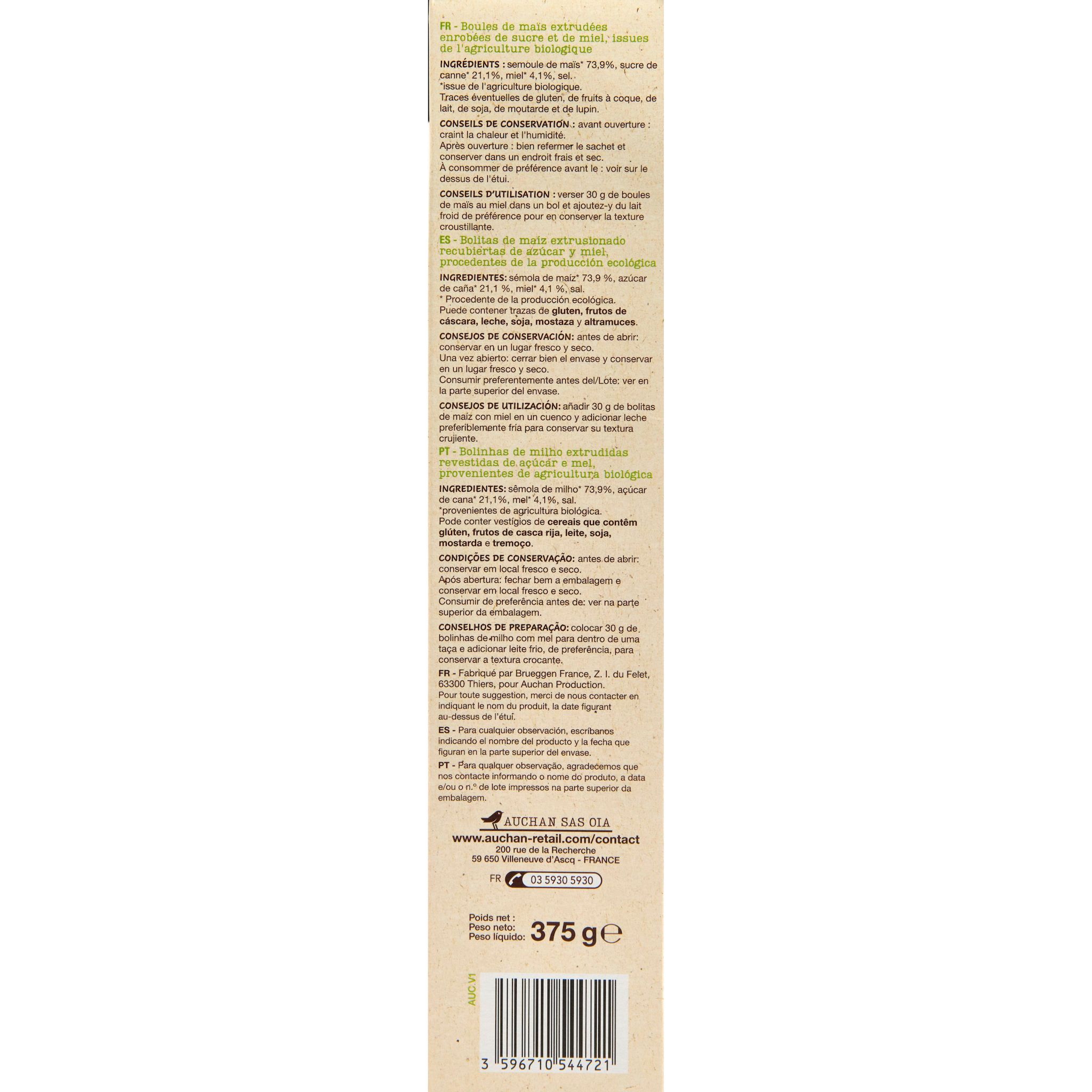 Voir la diapositive 3 : AUCHAN BIO Céréales boules au miel 375g