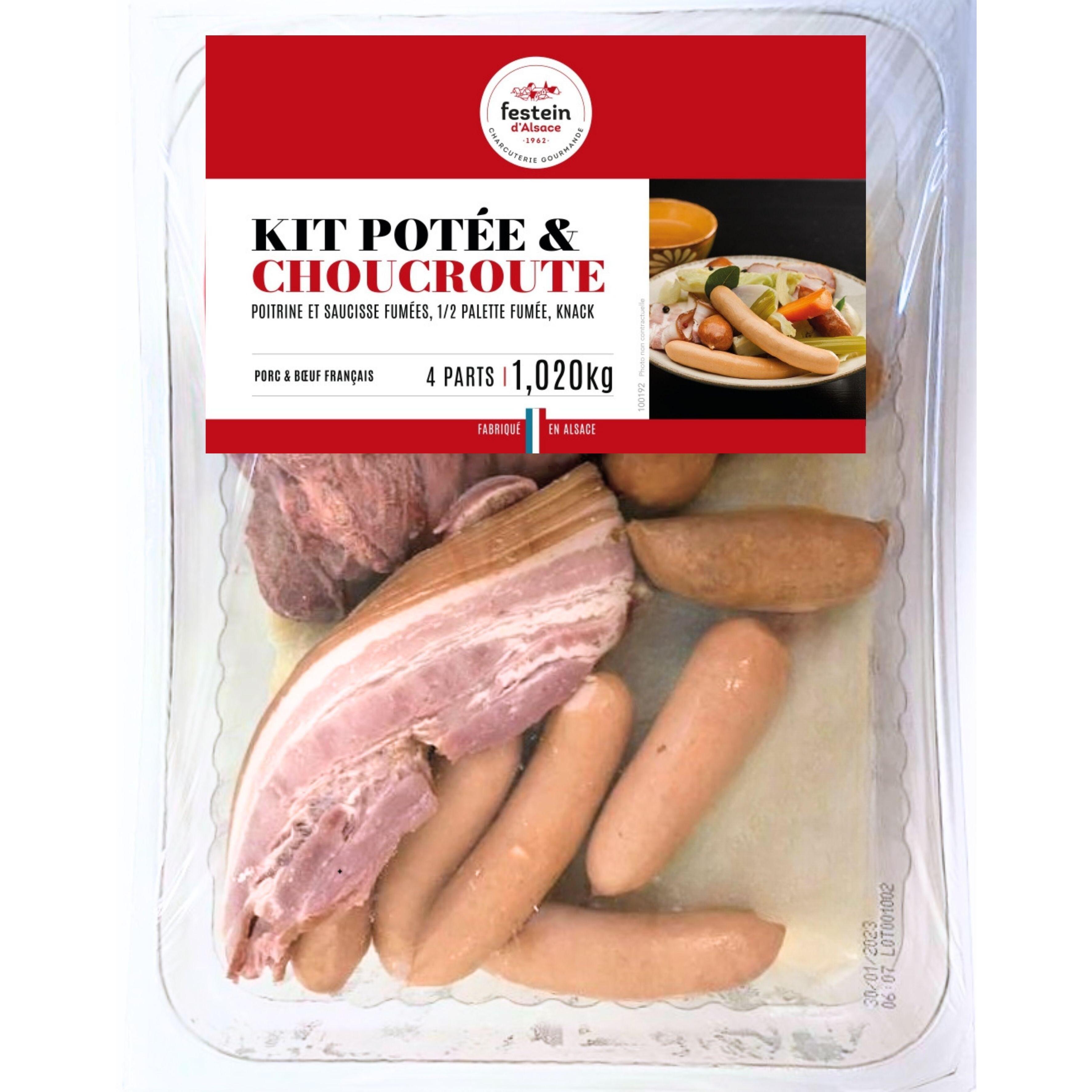 FESTEIN D'ALSACE Kit potée et Choucroute (poitrine et saucisse fumées, 1/2 palette fumée, Knack), porc et bœuf français 4 parts 1.020kg