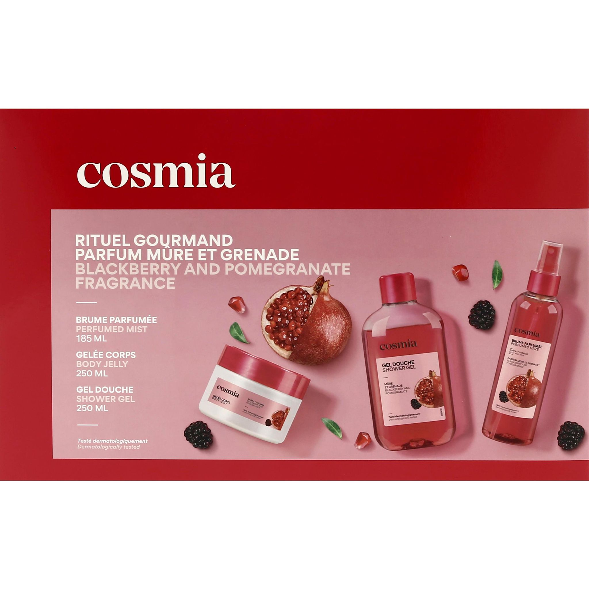 COSMIA Coffret rituel gourmand parfum mûre et grande 1 brume parfumée 185ml+1 gelée corps 250ml+1 gel douche 250ml 1 coffret de 3 produits