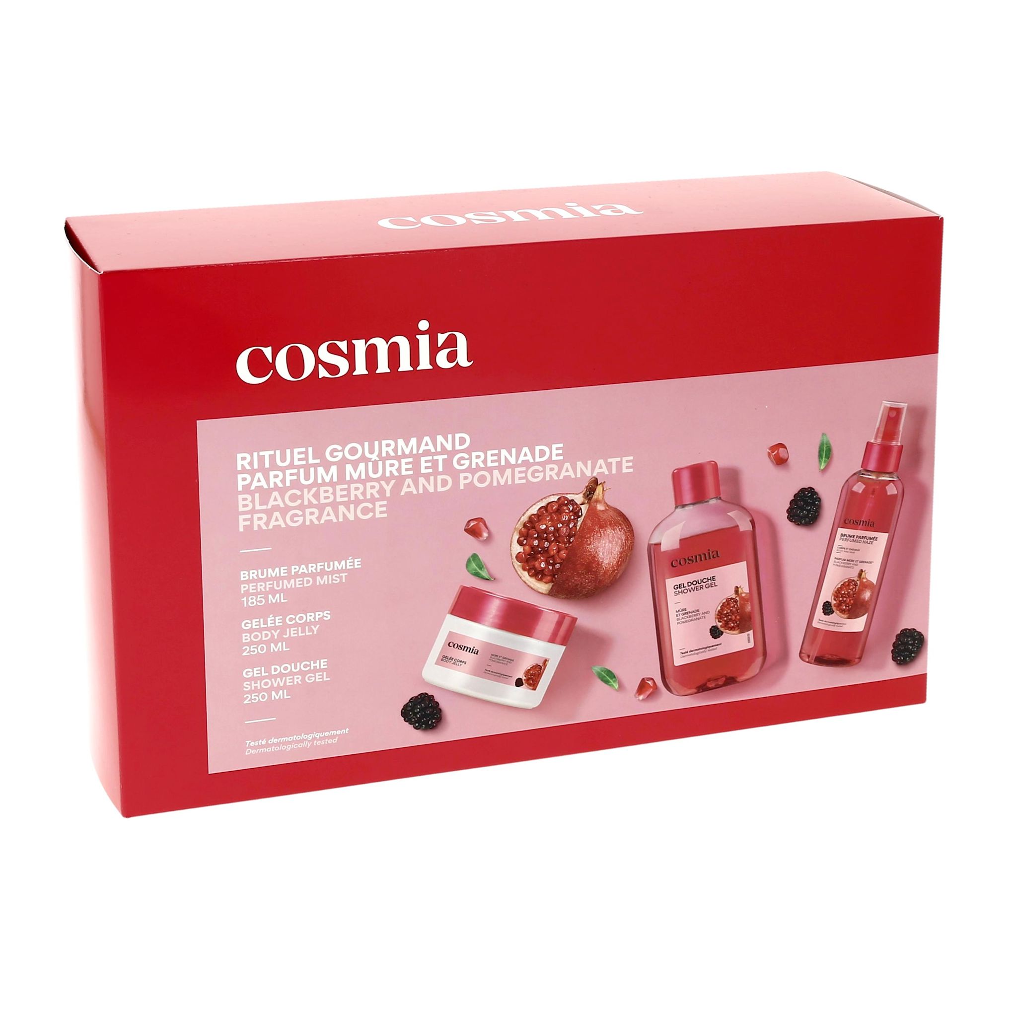 Voir la diapositive 2 : COSMIA Coffret rituel gourmand parfum mûre et grande 1 brume parfumée 185ml+1 gelée corps 250ml+1 gel douche 250ml 1 coffret de 3 produits