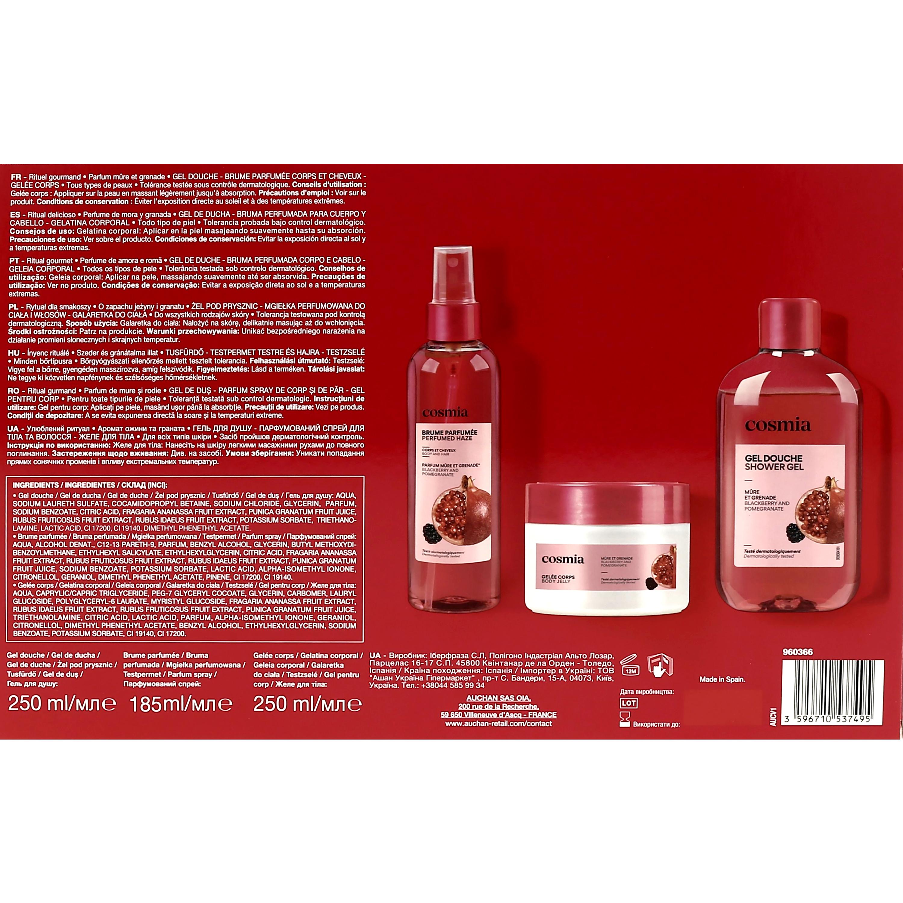 Voir la diapositive 3 : COSMIA Coffret rituel gourmand parfum mûre et grande 1 brume parfumée 185ml+1 gelée corps 250ml+1 gel douche 250ml 1 coffret de 3 produits