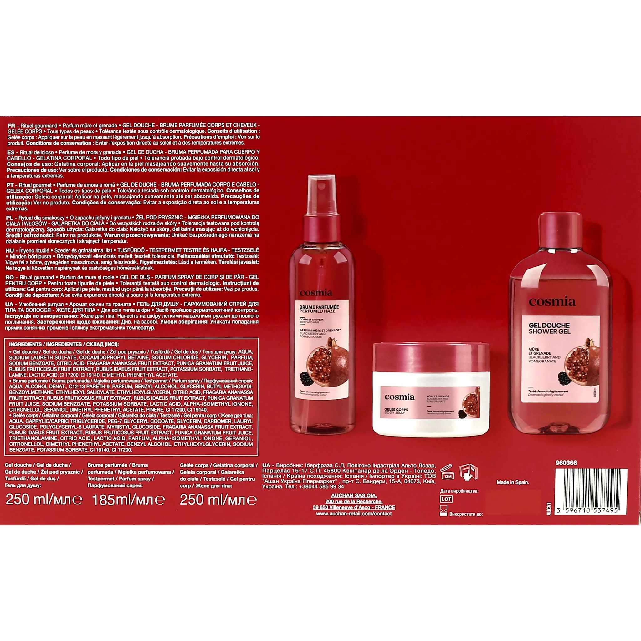 Voir la diapositive 3 : COSMIA Coffret rituel gourmand parfum mûre et grande 1 brume parfumée 185ml+1 gelée corps 250ml+1 gel douche 250ml 1 coffret de 3 produits