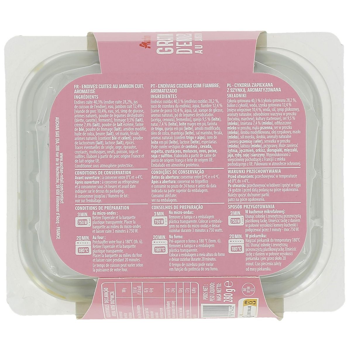 AUCHAN Gratin d'endives au jambon 1 part 280g