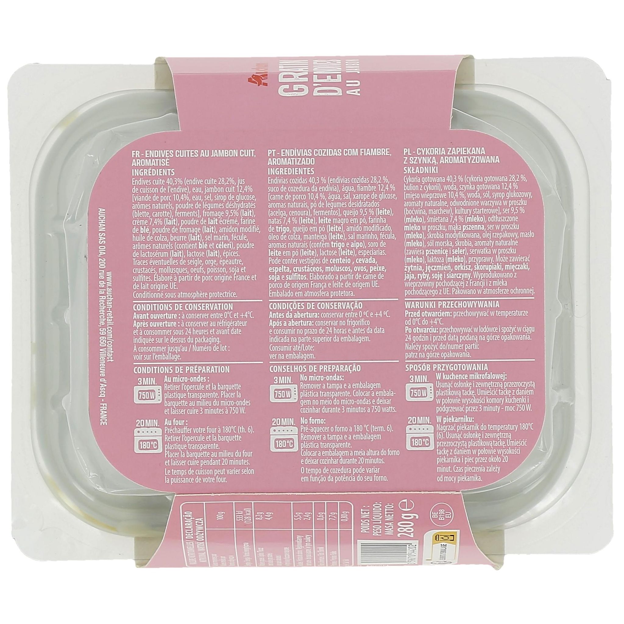 Voir la diapositive 3 : AUCHAN Gratin d'endives au jambon 1 part 280g