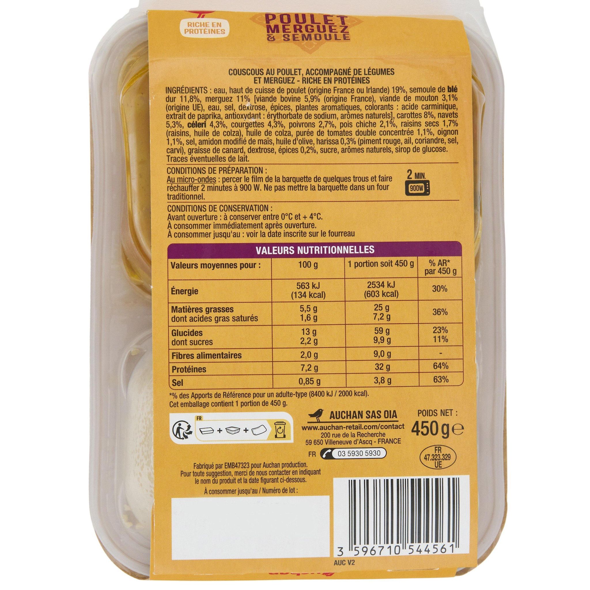 Voir la diapositive 3 : AUCHAN Couscous poulet merguez 1 part 450g