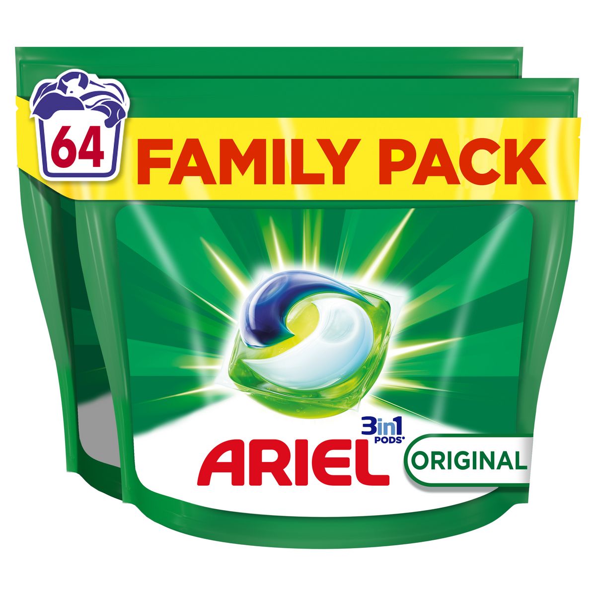ARIEL Pods lessive capsules family pack 3en1 Original 64 capsules
