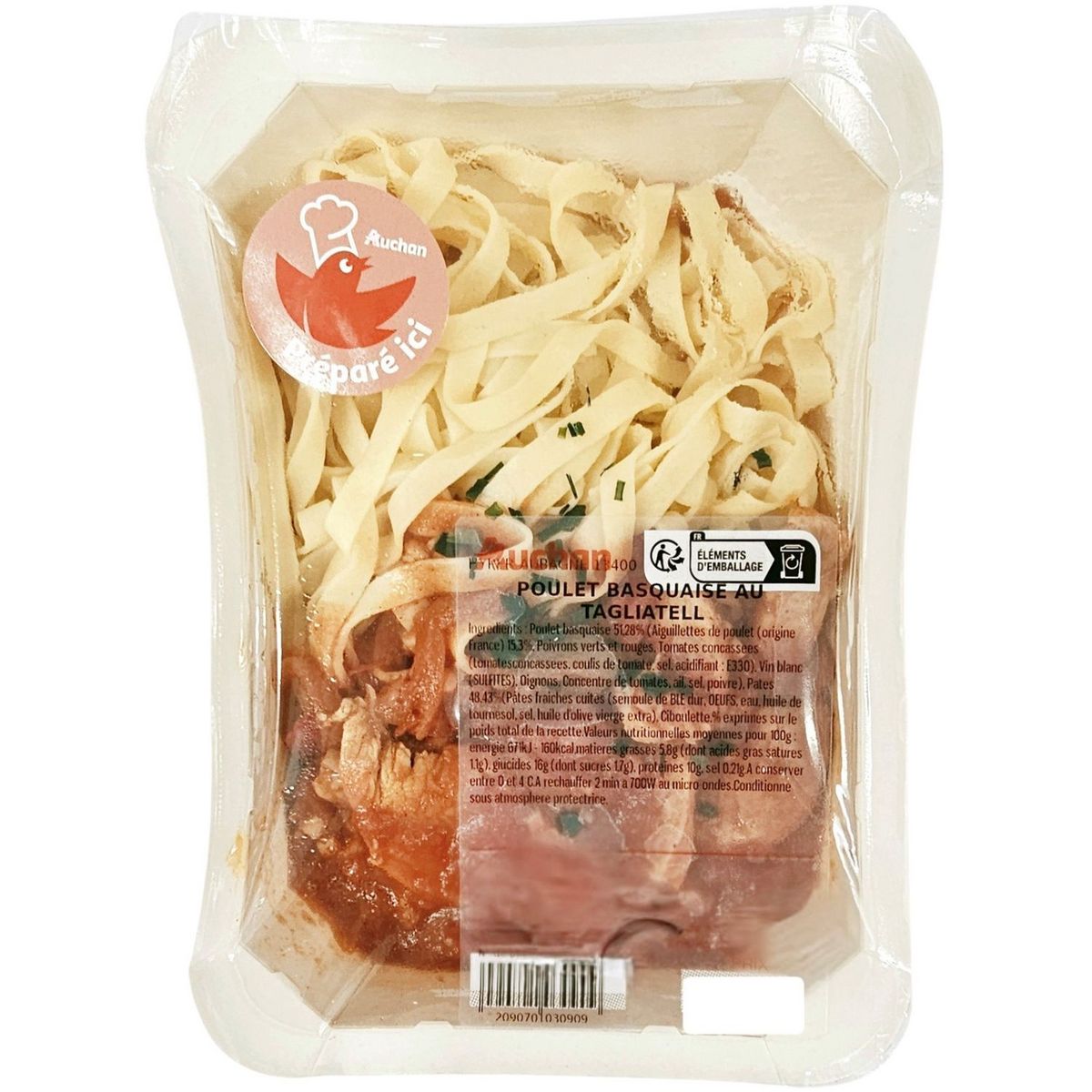 AUCHAN LE TRAITEUR Poulet basquaise tagliatelles 1 part 300g