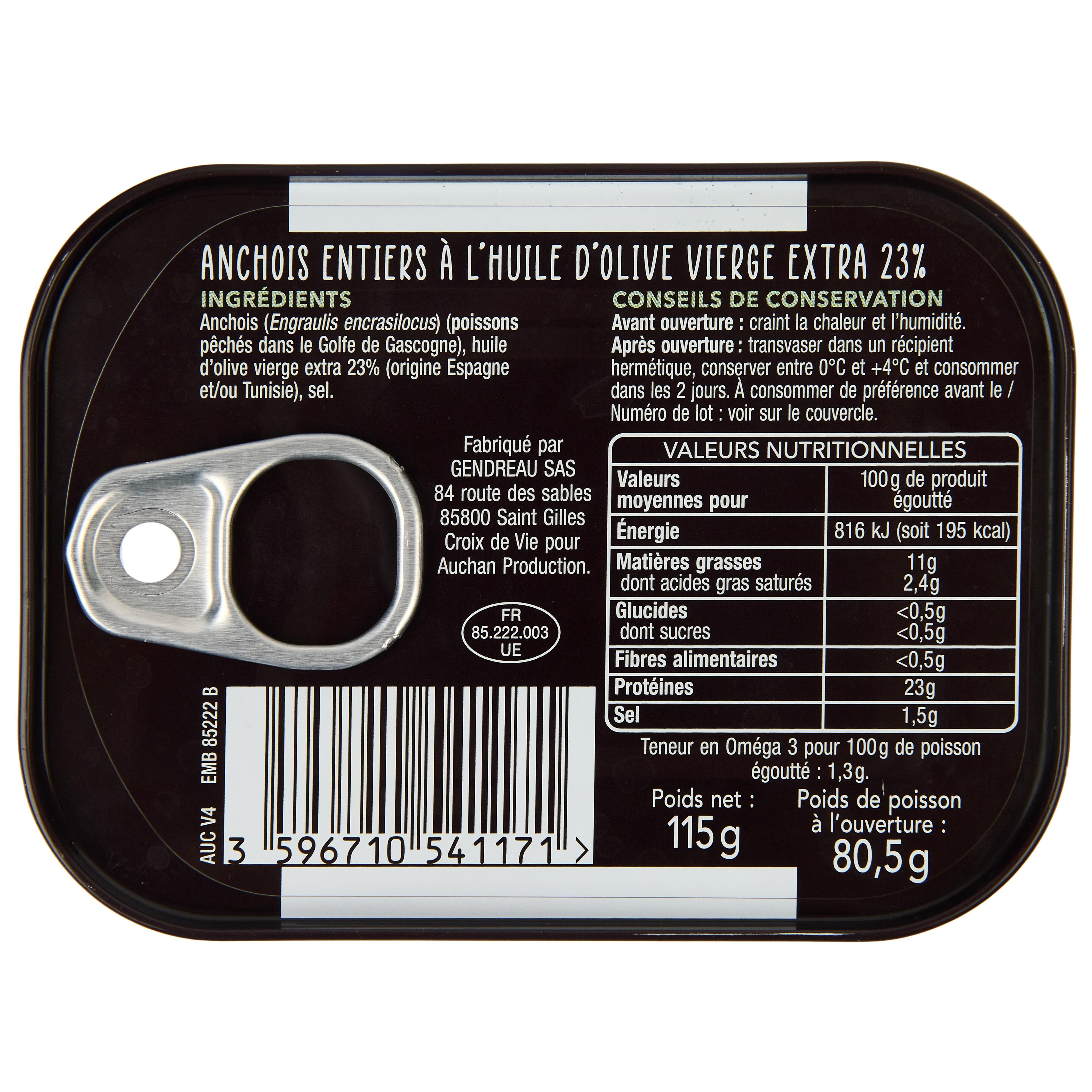 Voir la diapositive 2 : AUCHAN TERROIR Anchois entiers à l'huile d'olive extra vierge A table en Vendée 115g