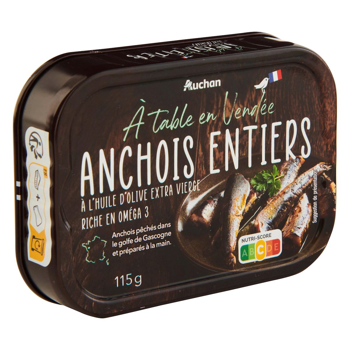 AUCHAN TERROIR Anchois entiers à l'huile d'olive extra vierge A table en Vendée 115g
