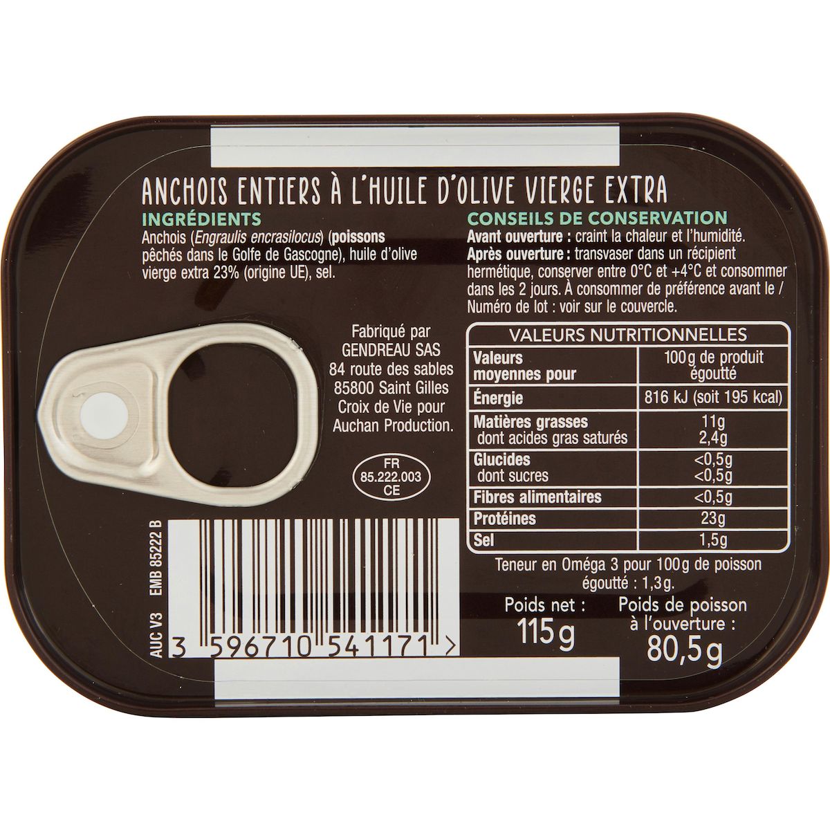 AUCHAN TERROIR Anchois entiers à l'huile d'olive extra vierge A table en Vendée 115g