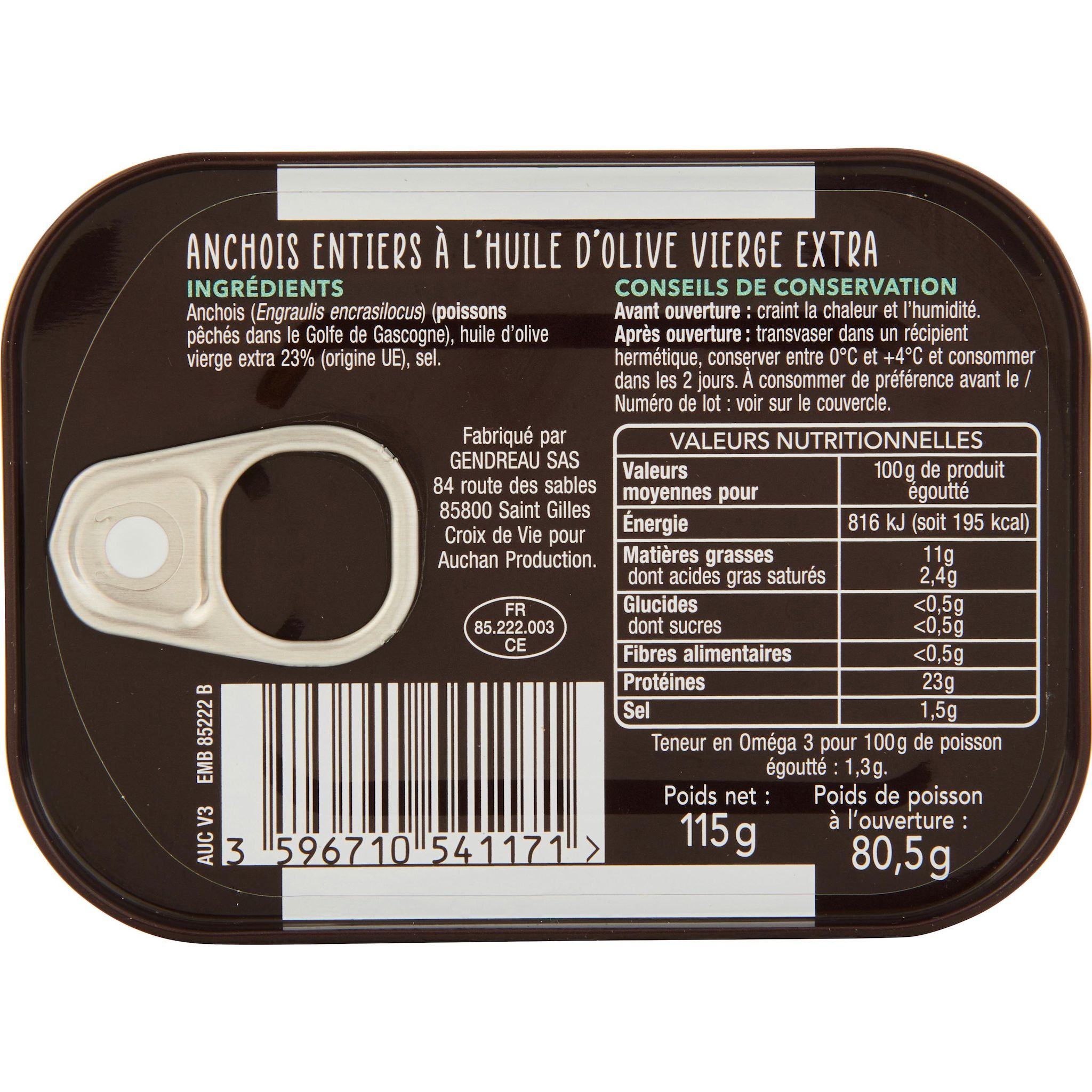Voir la diapositive 3 : AUCHAN TERROIR Anchois entiers à l'huile d'olive extra vierge A table en Vendée 115g