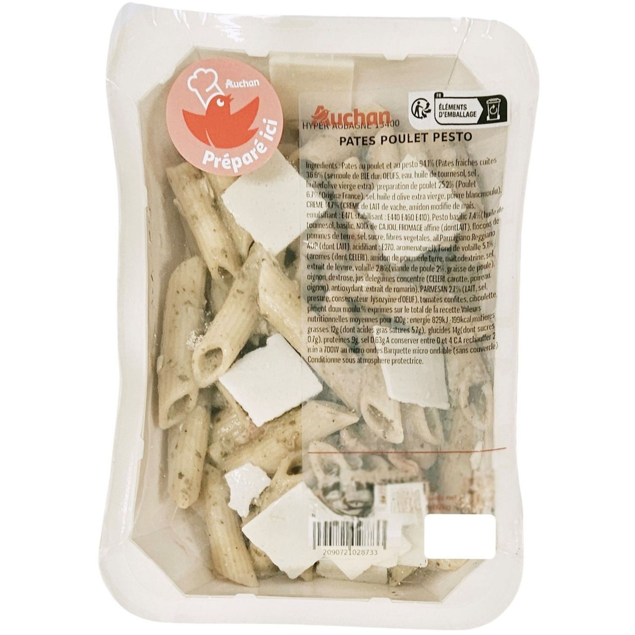 Voir la diapositive 2 : AUCHAN LE TRAITEUR Pâtes poulet pesto 1 part 300g