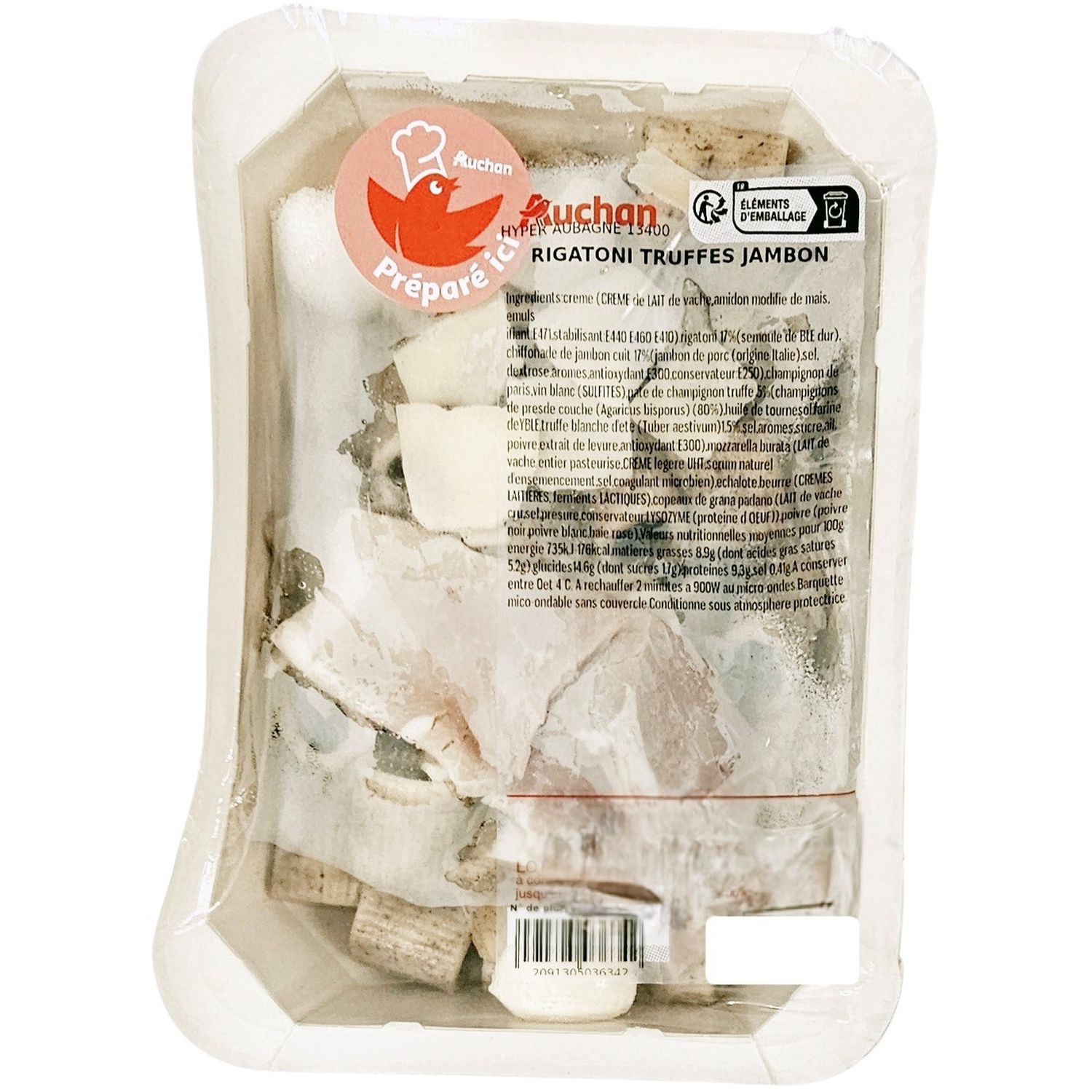 Voir la diapositive 2 : AUCHAN LE TRAITEUR Rigatoni truffes jambon 1 part 300g