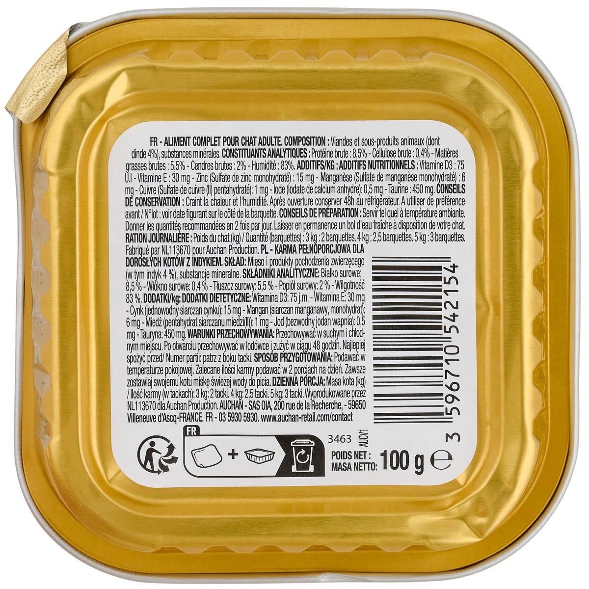 AUCHAN Barquette terrine à la dinde pour chat 100g