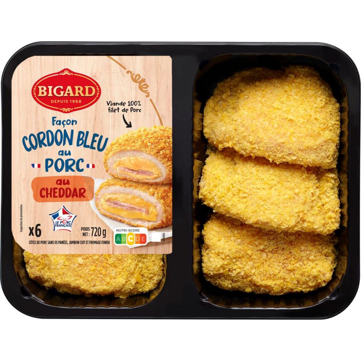 BIGARD Cordon bleu au porc au cheddar, viande 100% filet de porc 6 pièces 720g