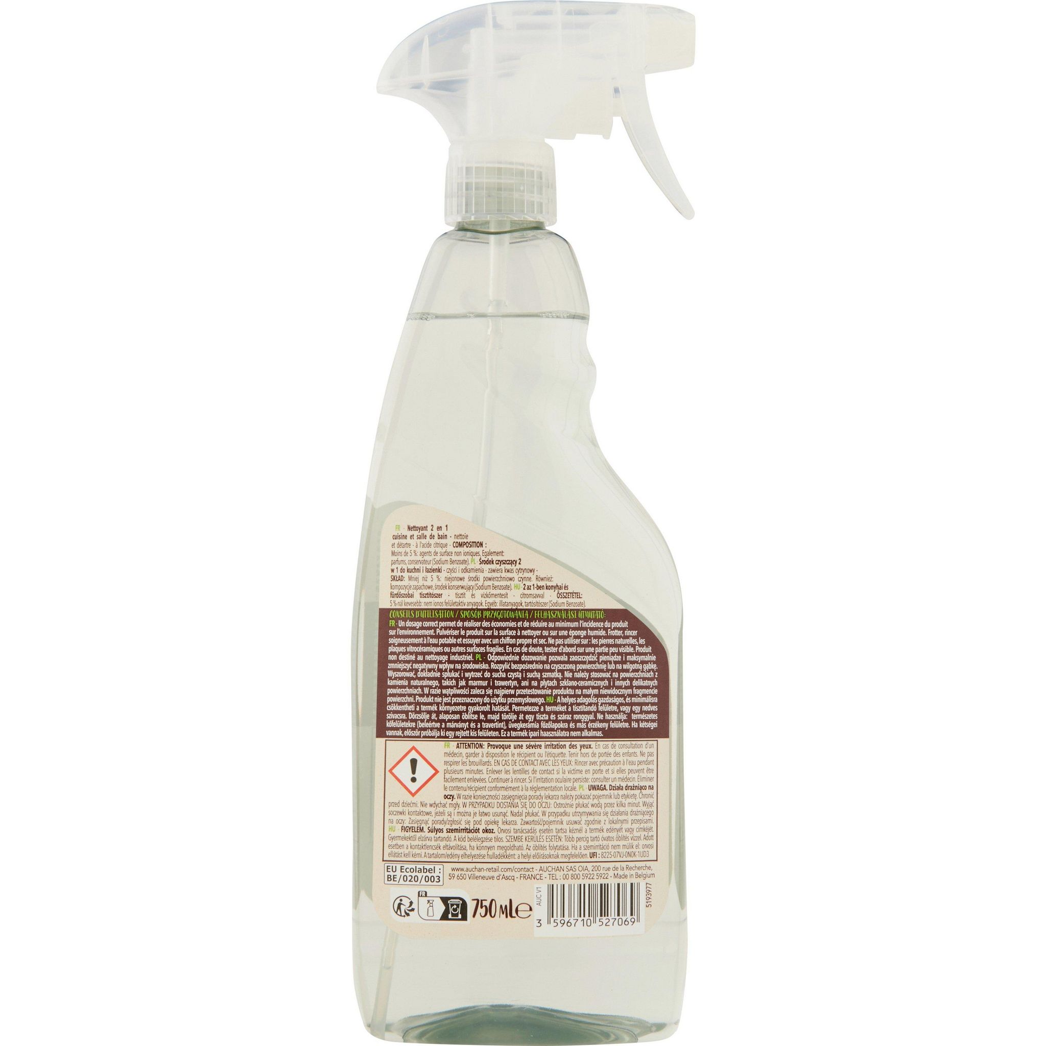 Voir la diapositive 2 : AUCHAN Spray nettoyant 2 en 1 cuisine et salle de bain 750ml