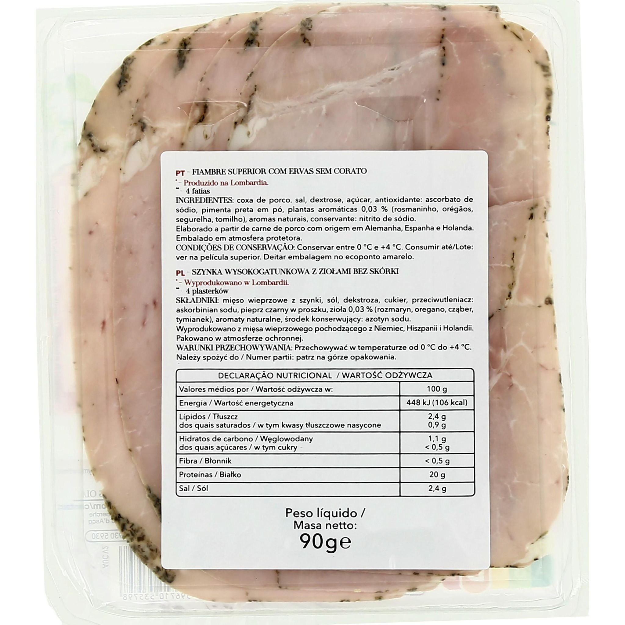 Voir la diapositive 2 : AUCHAN TAVOLA IN ITALIA Jambon cuit supérieur aux herbes découenné 4 tranches 90g