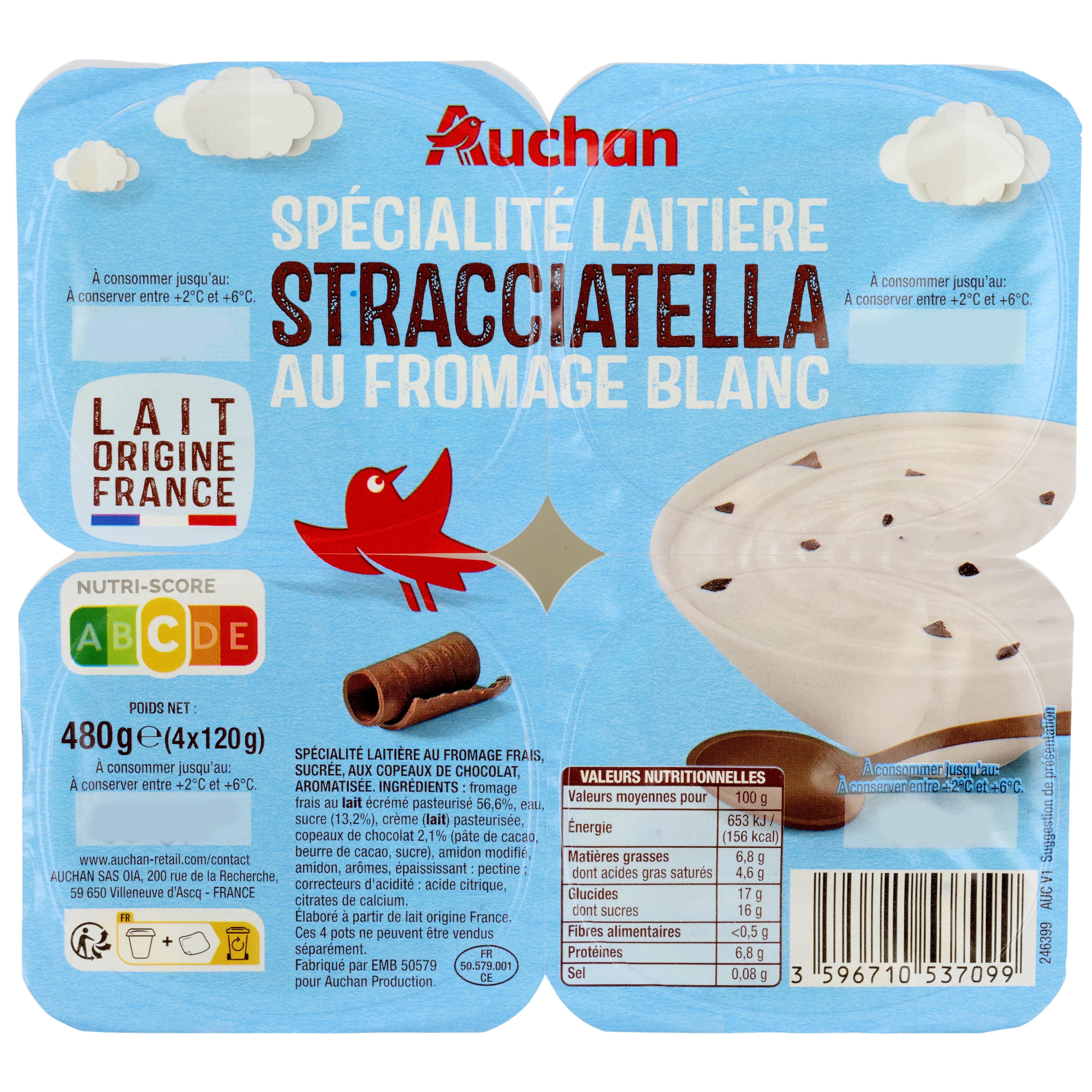 Voir la diapositive 2 : AUCHAN Spécialité laitière Stracciatella au fromage blanc 4x120g