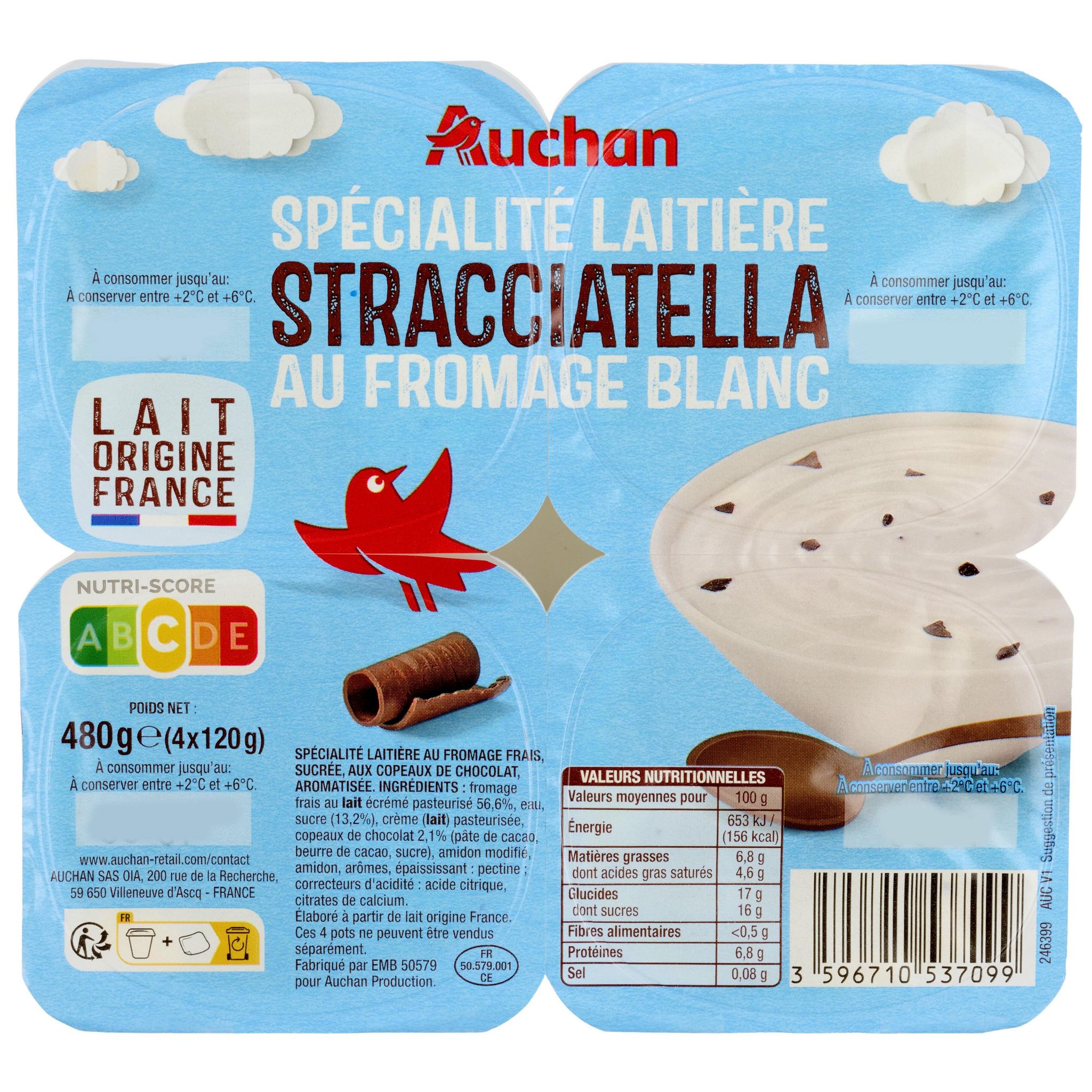 Voir la diapositive 2 : AUCHAN Spécialité laitière Stracciatella au fromage blanc 4x120g