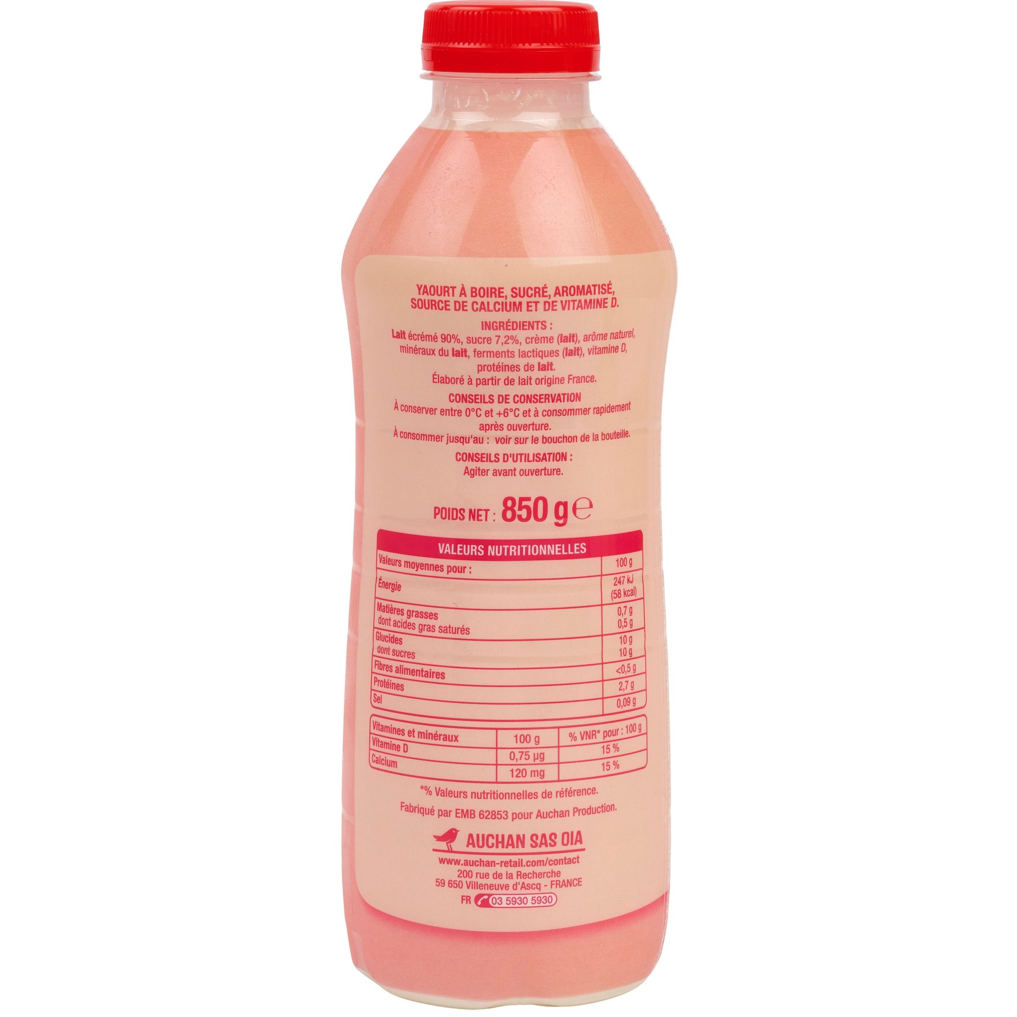 Voir la diapositive 2 : AUCHAN Yaourt à boire saveur fraise 850g