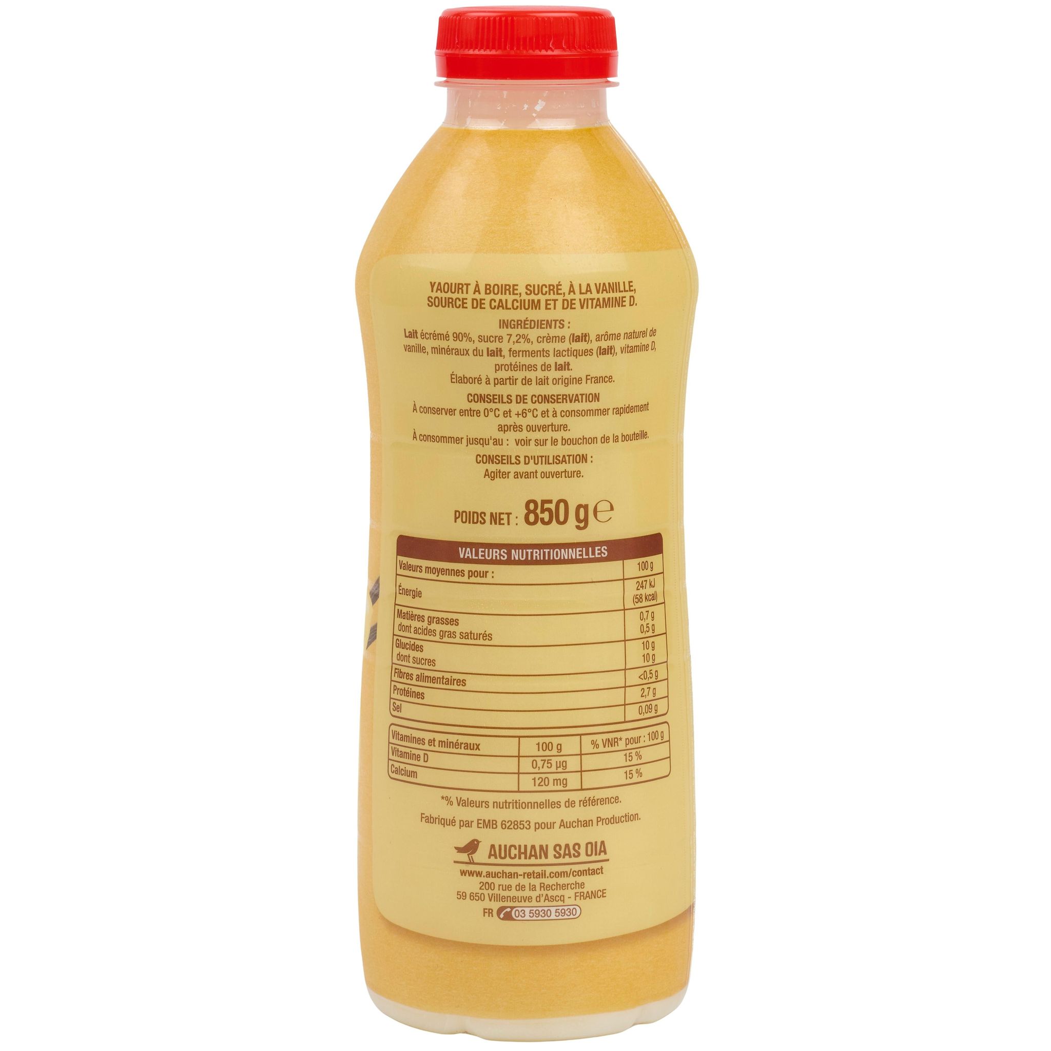 Voir la diapositive 2 : AUCHAN Yaourt à boire saveur vanille 850g