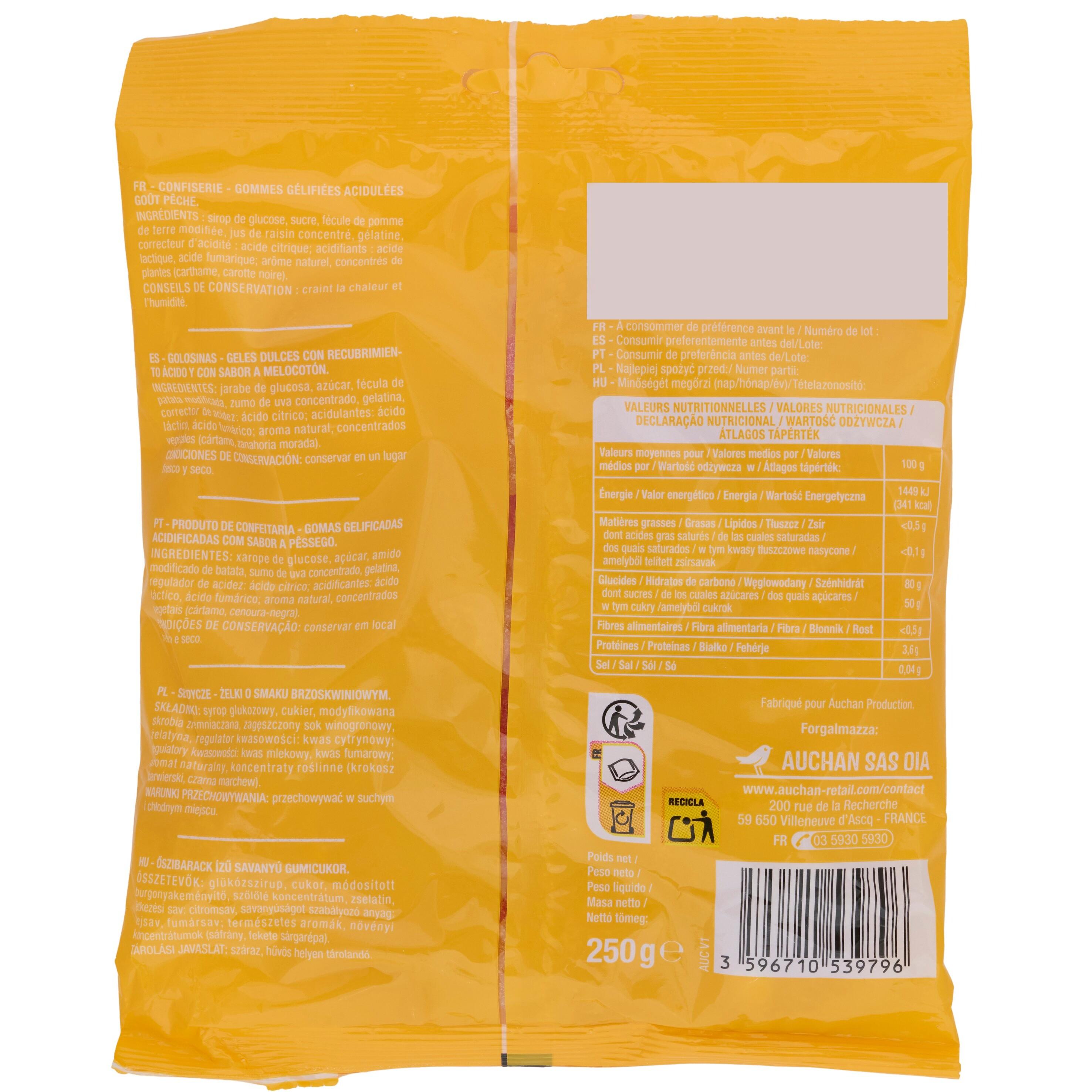 Voir la diapositive 2 : AUCHAN Gommes gélifiées acidulées goût pêche 250g