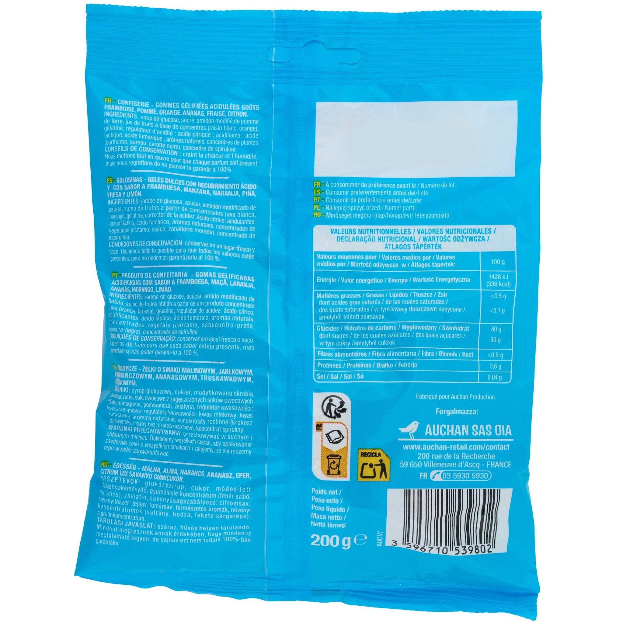 Voir la diapositive 2 : AUCHAN Bonbons gélifiés frites acidulées 200g