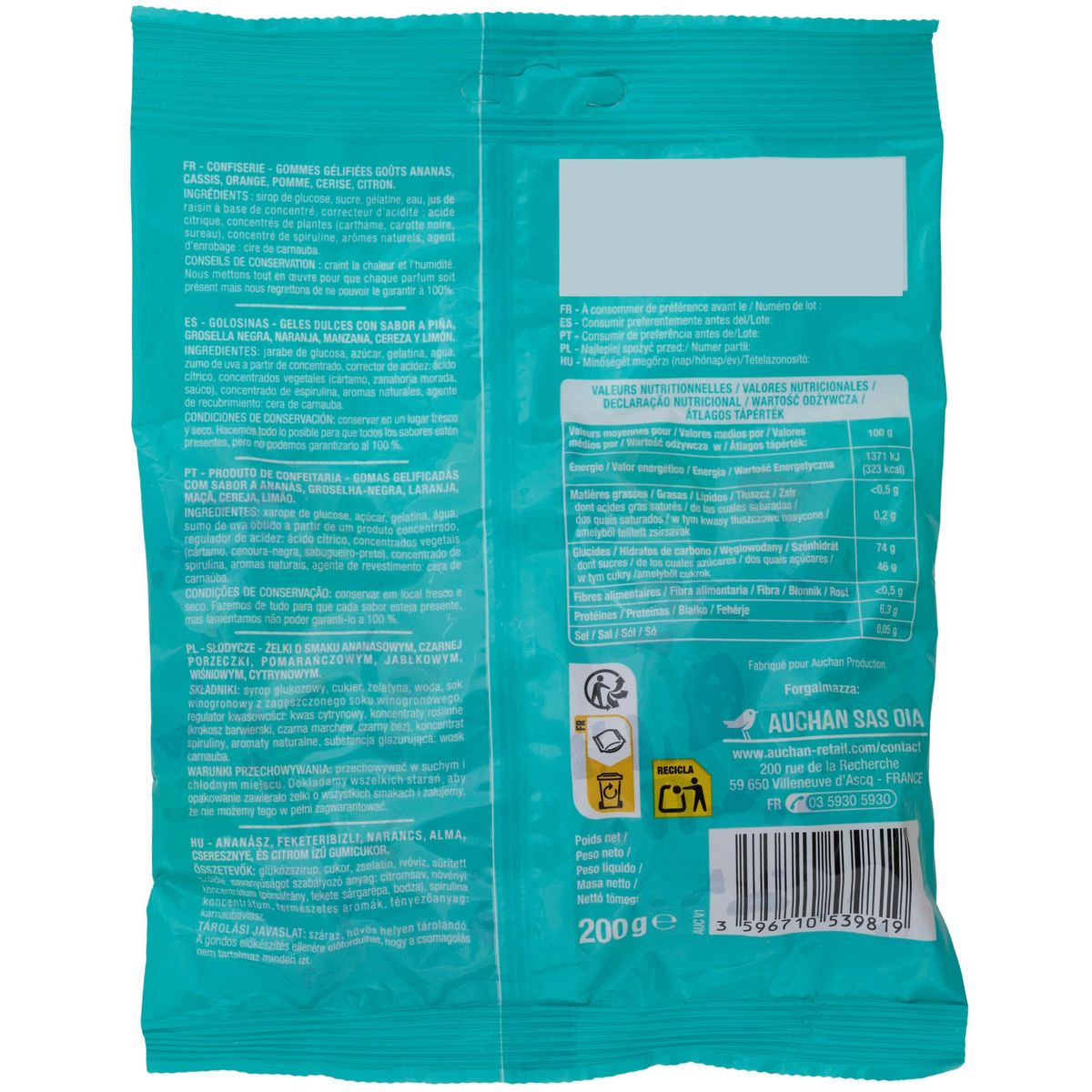 AUCHAN Bonbons oursons gélifiés 200g