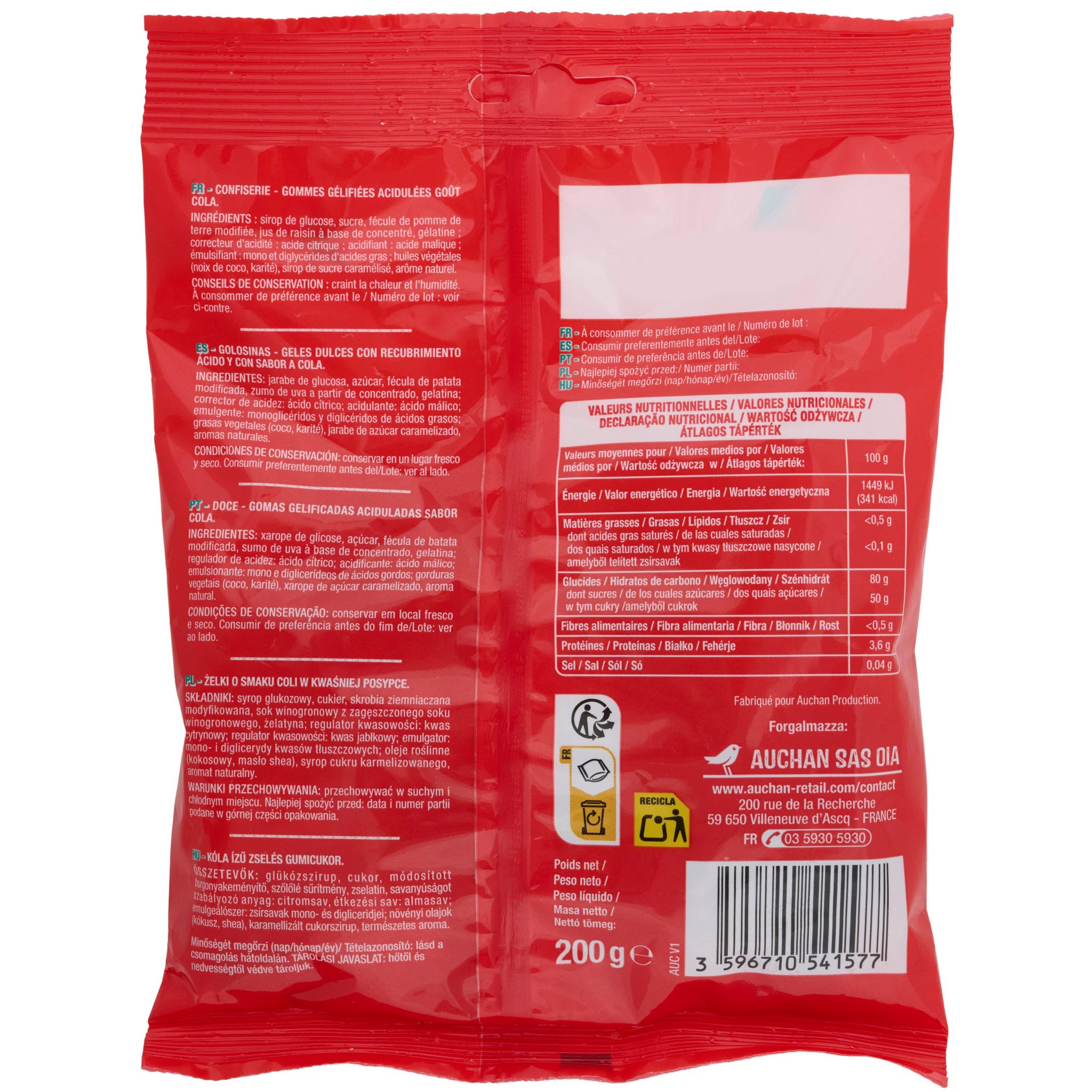 Voir la diapositive 3 : AUCHAN Bonbons bouteilles Cola Acid 200g