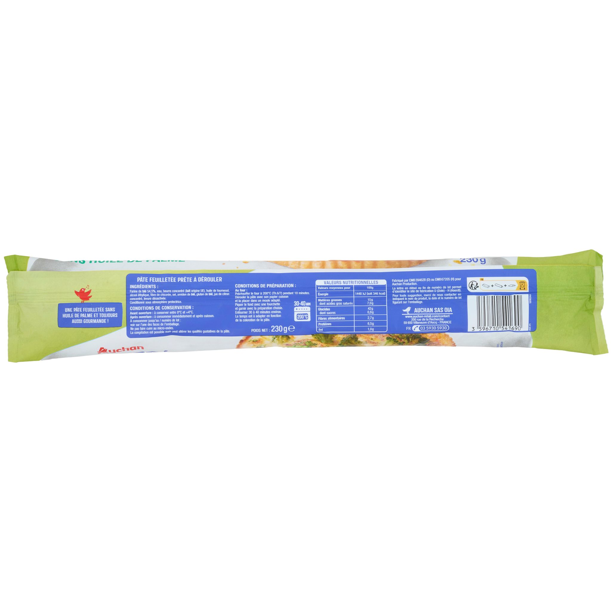Voir la diapositive 2 : AUCHAN Pâte feuilletée sans huile de palme 230g