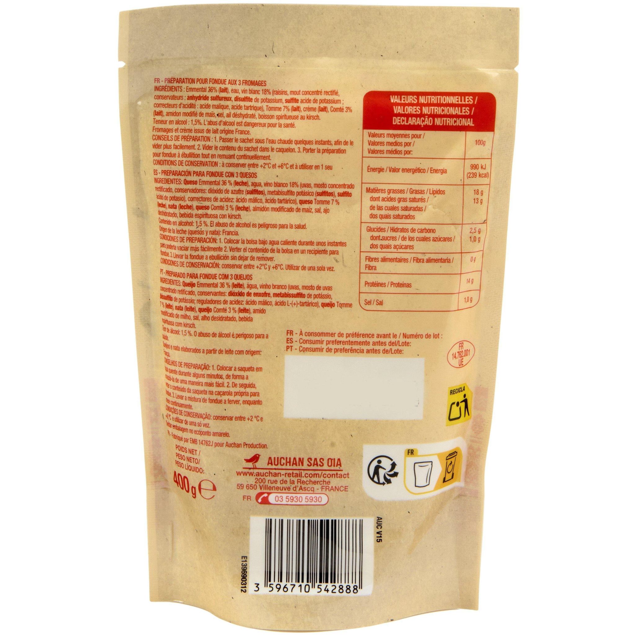 Voir la diapositive 2 : AUCHAN Fondue aux 3 Fromages 400g